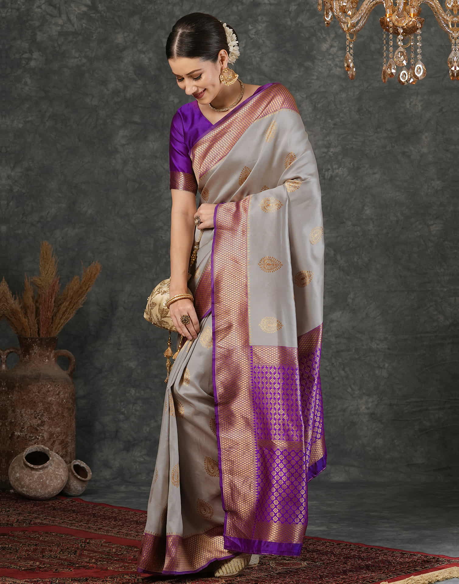 Grey Silk Woven Banarasi Saree