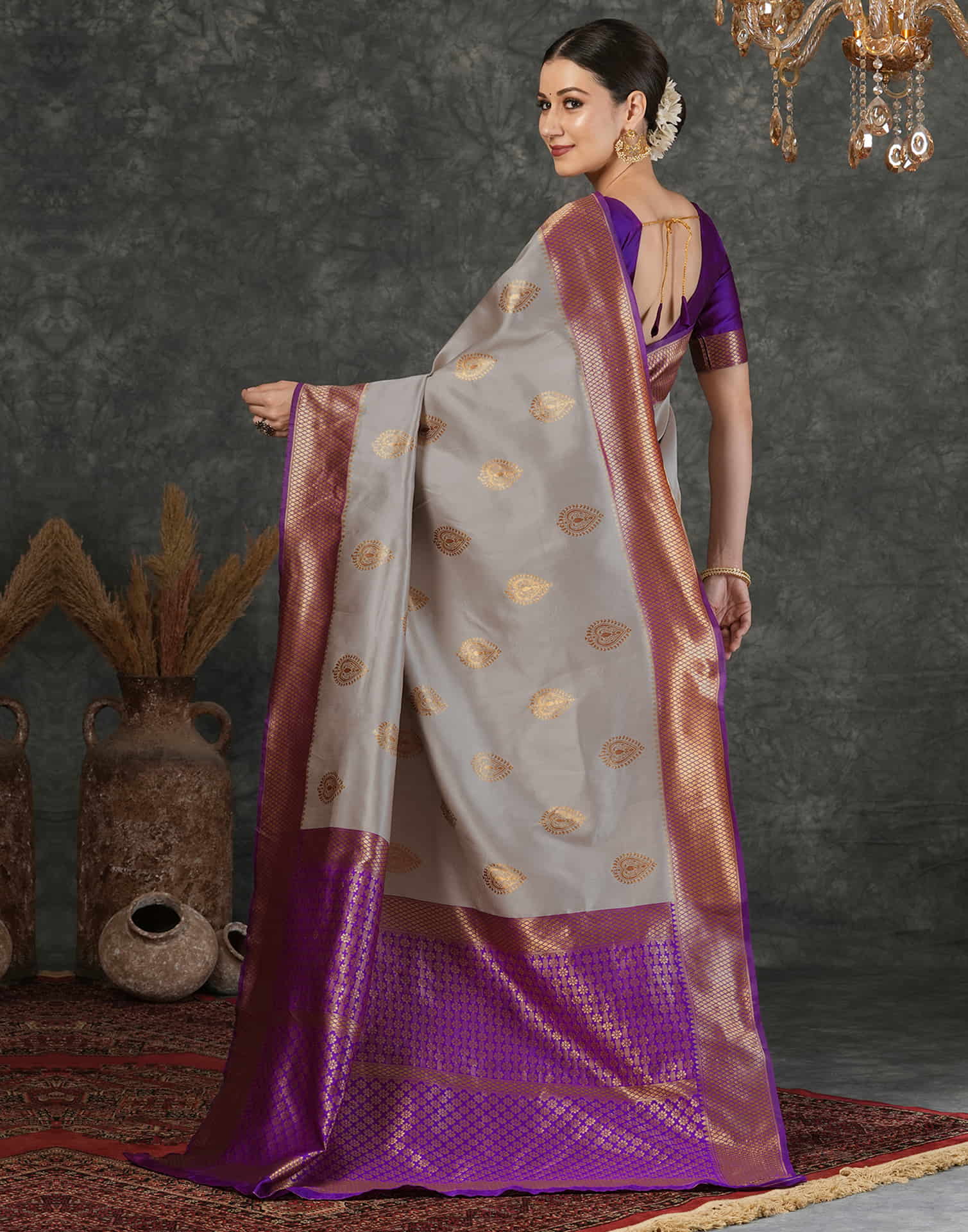 Grey Silk Woven Banarasi Saree