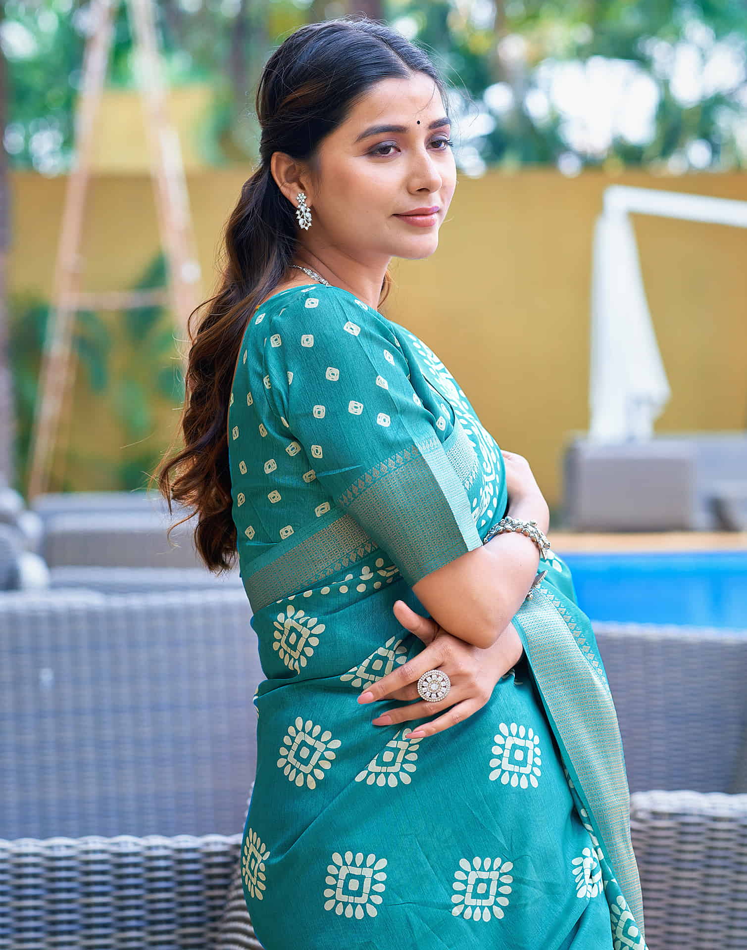Blue Cotton Blend Printed Saree