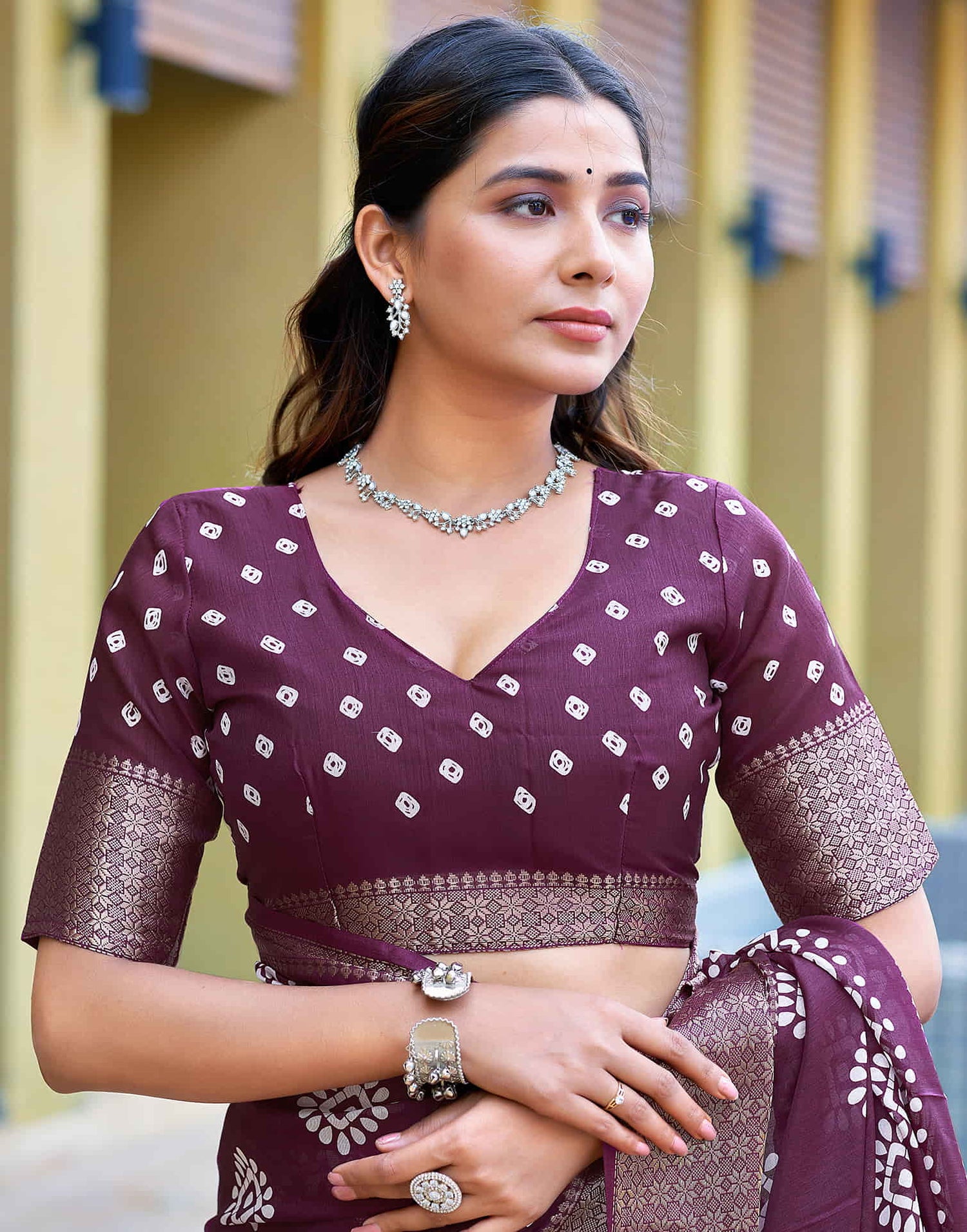 Wine Cotton Blend Printed Saree