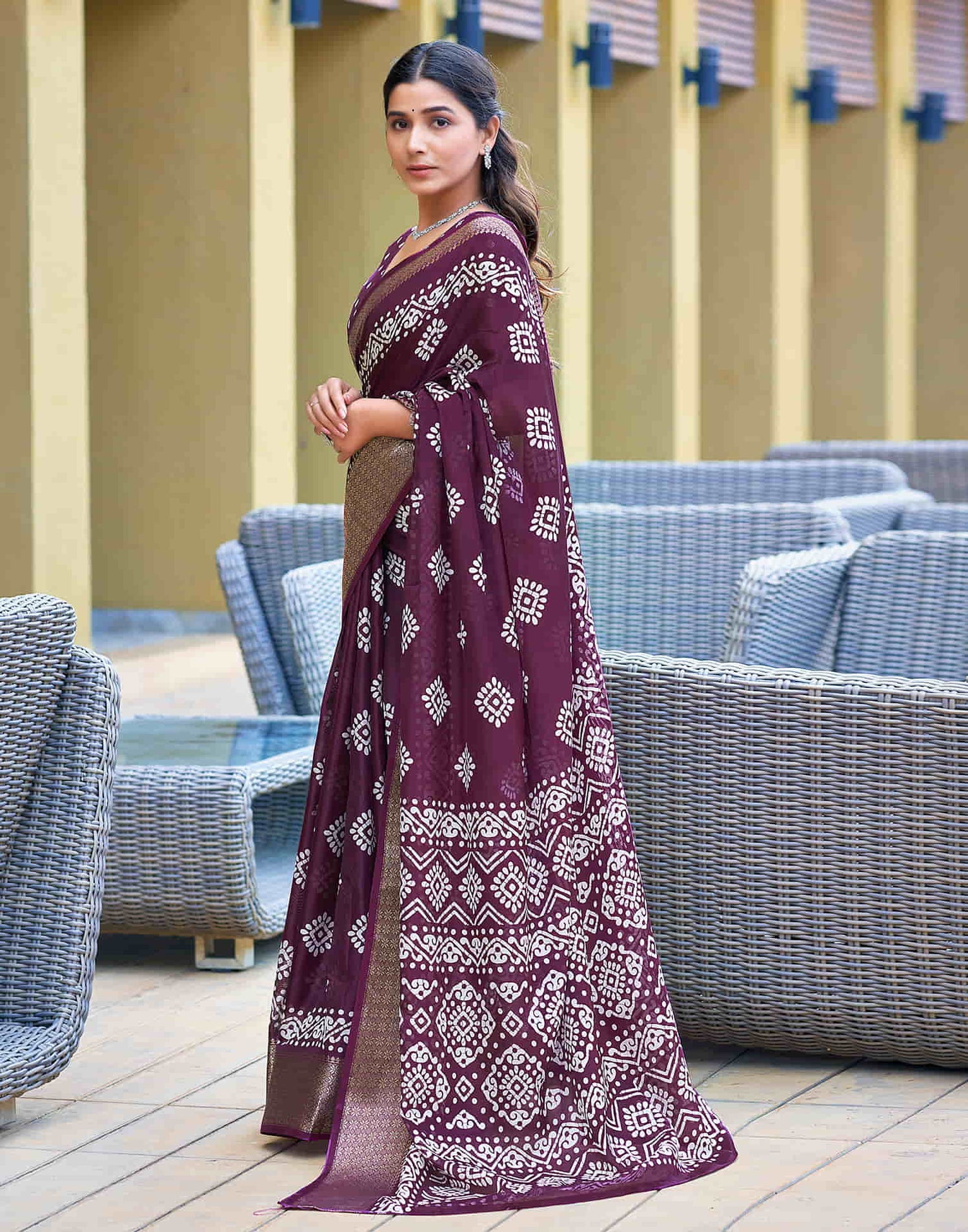 Wine Cotton Blend Printed Saree