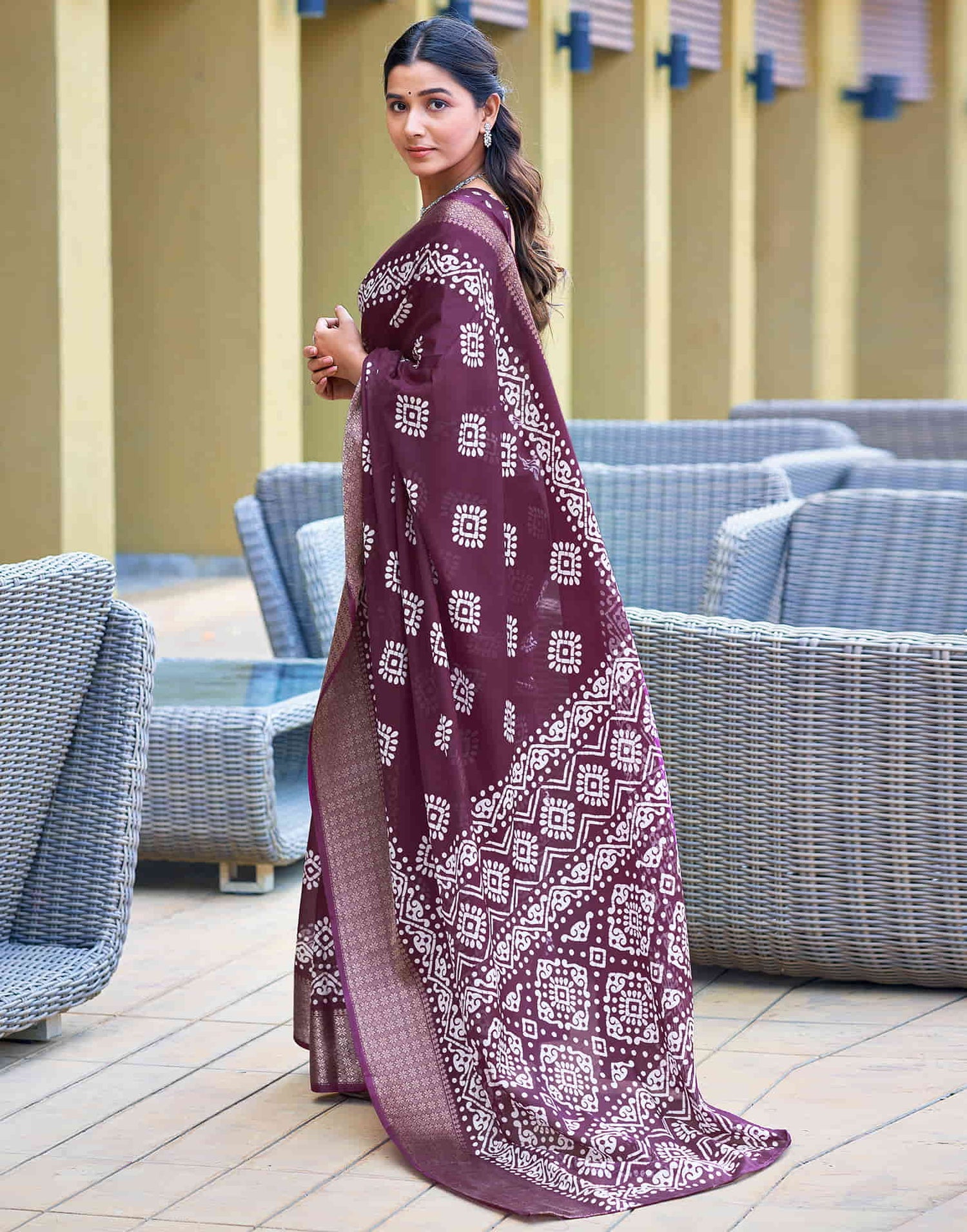 Wine Cotton Blend Printed Saree