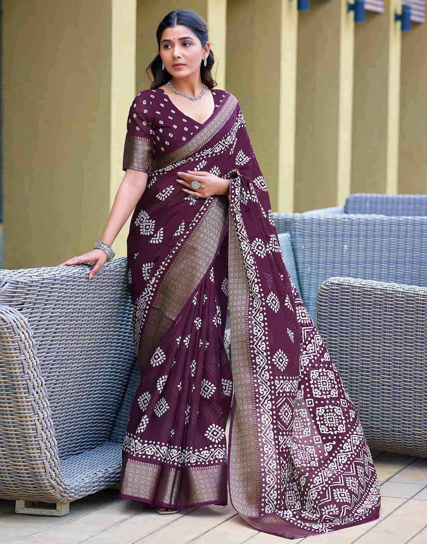 Wine Cotton Blend Printed Saree