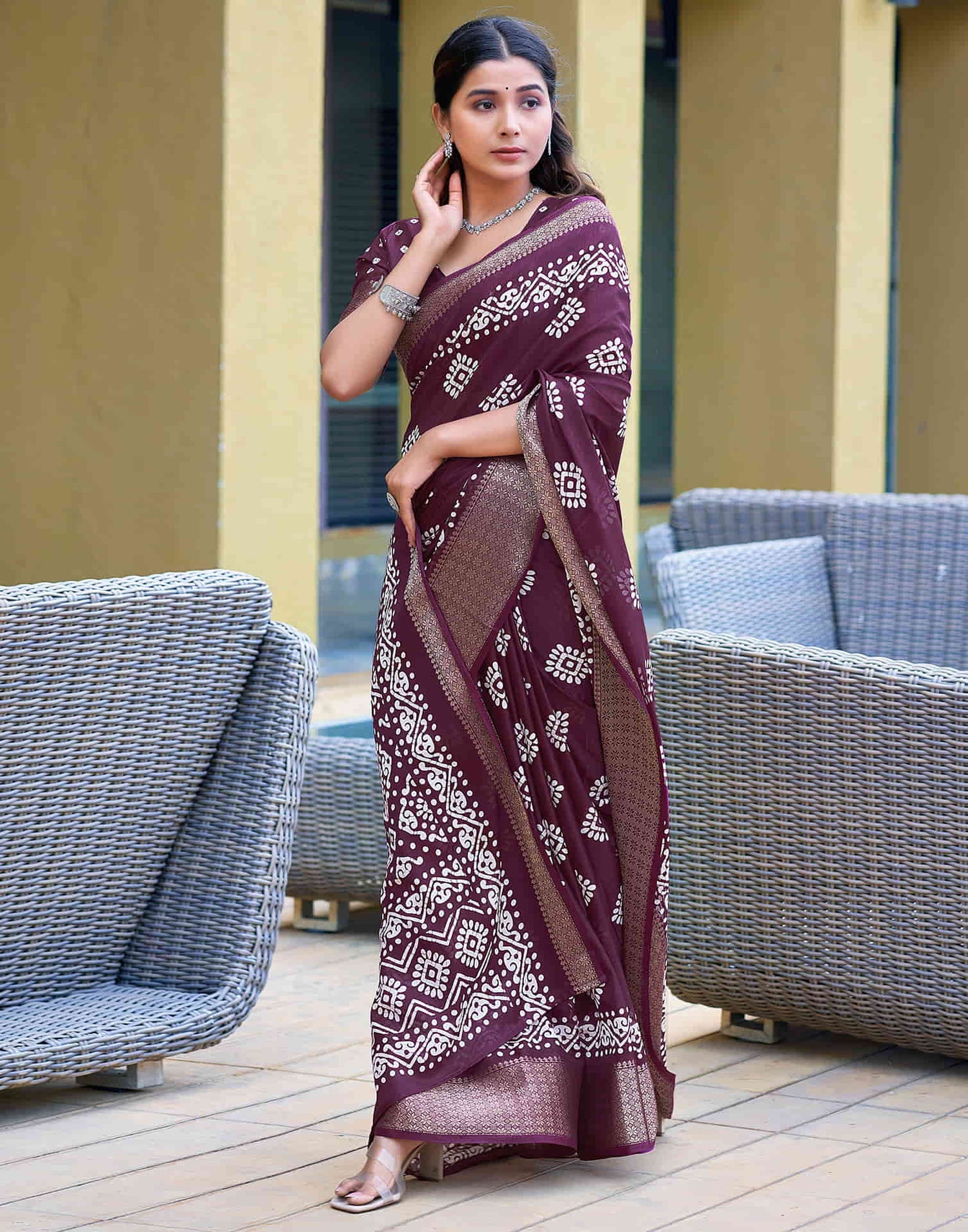 Wine Cotton Blend Printed Saree
