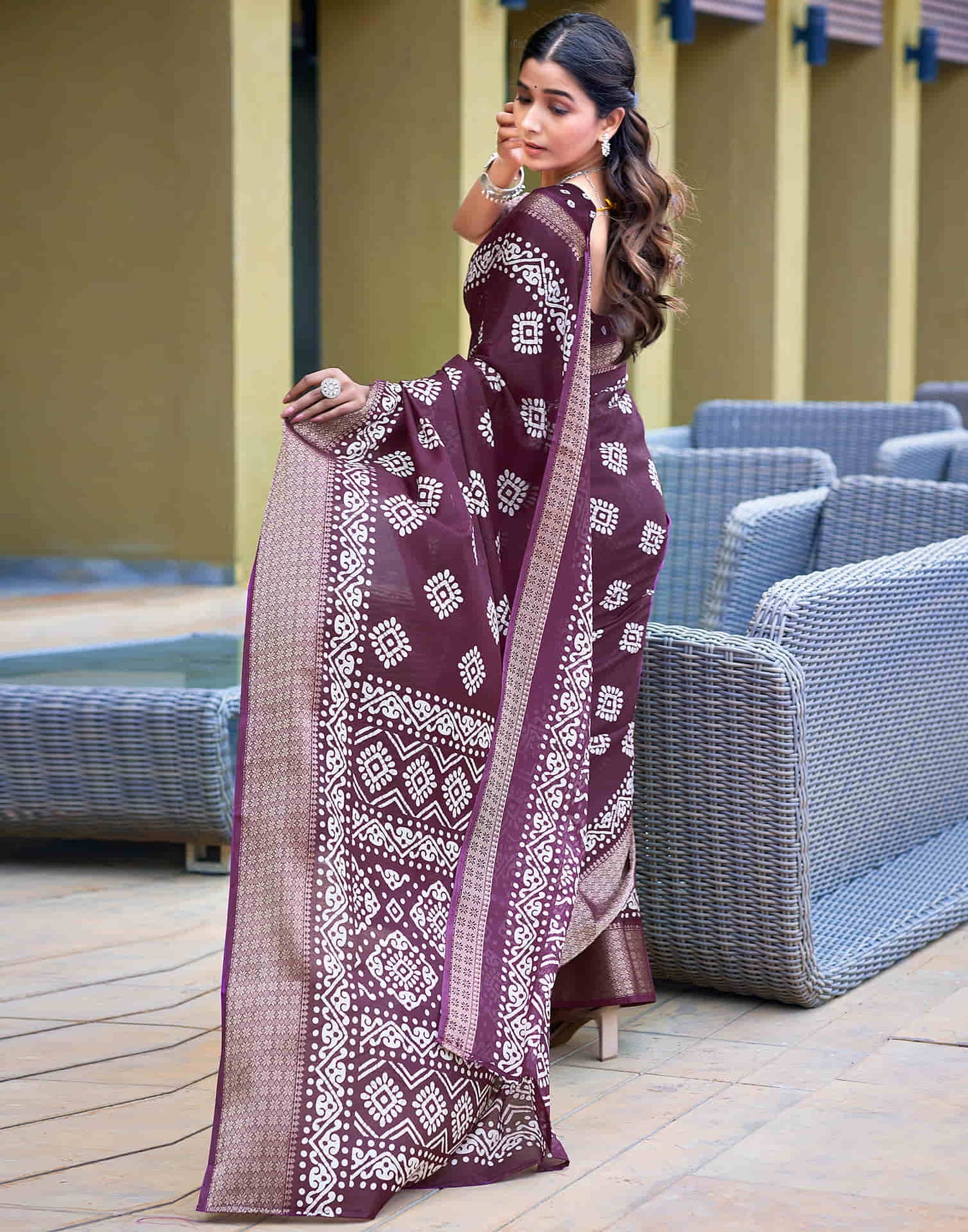 Wine Cotton Blend Printed Saree
