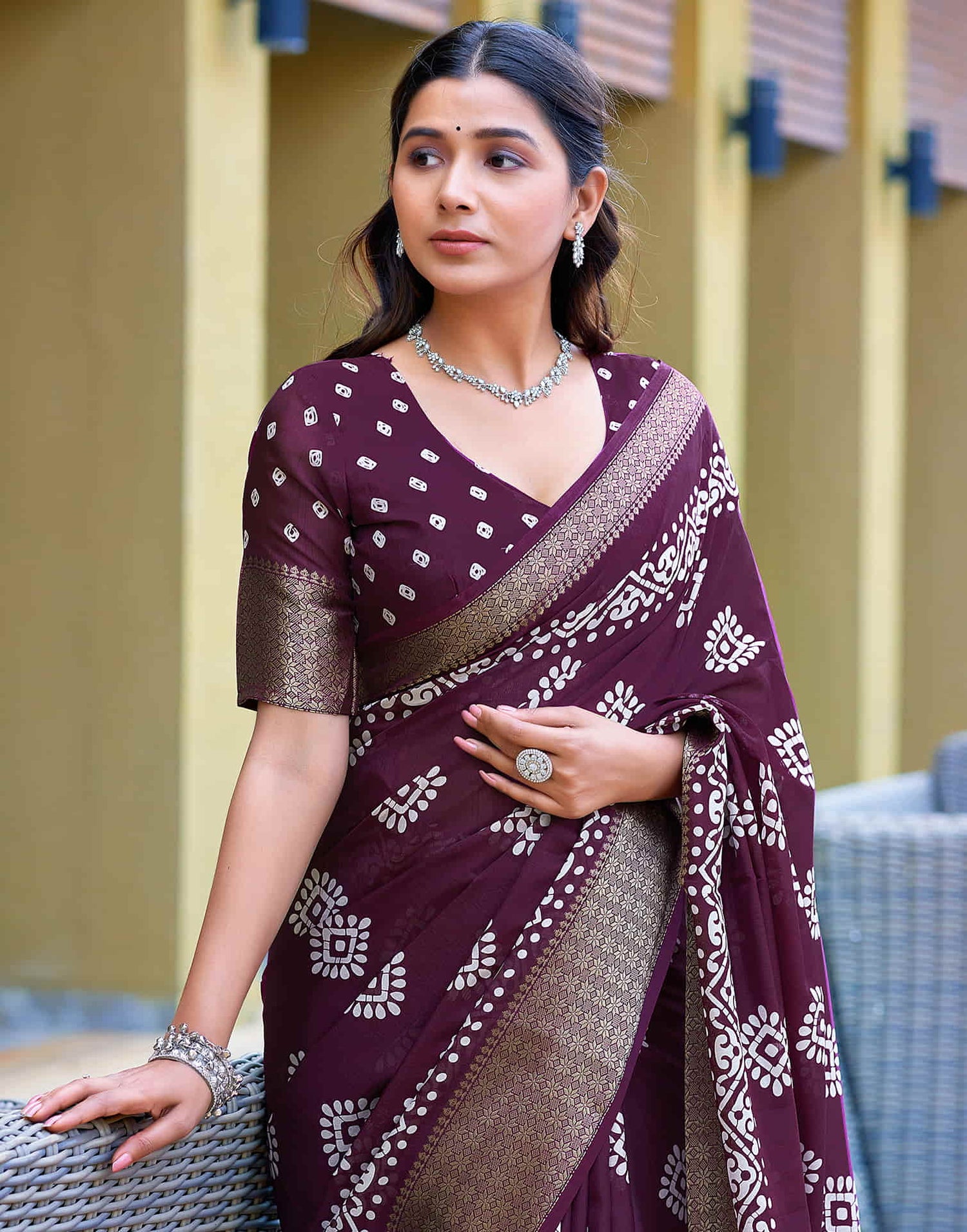 Wine Cotton Blend Printed Saree