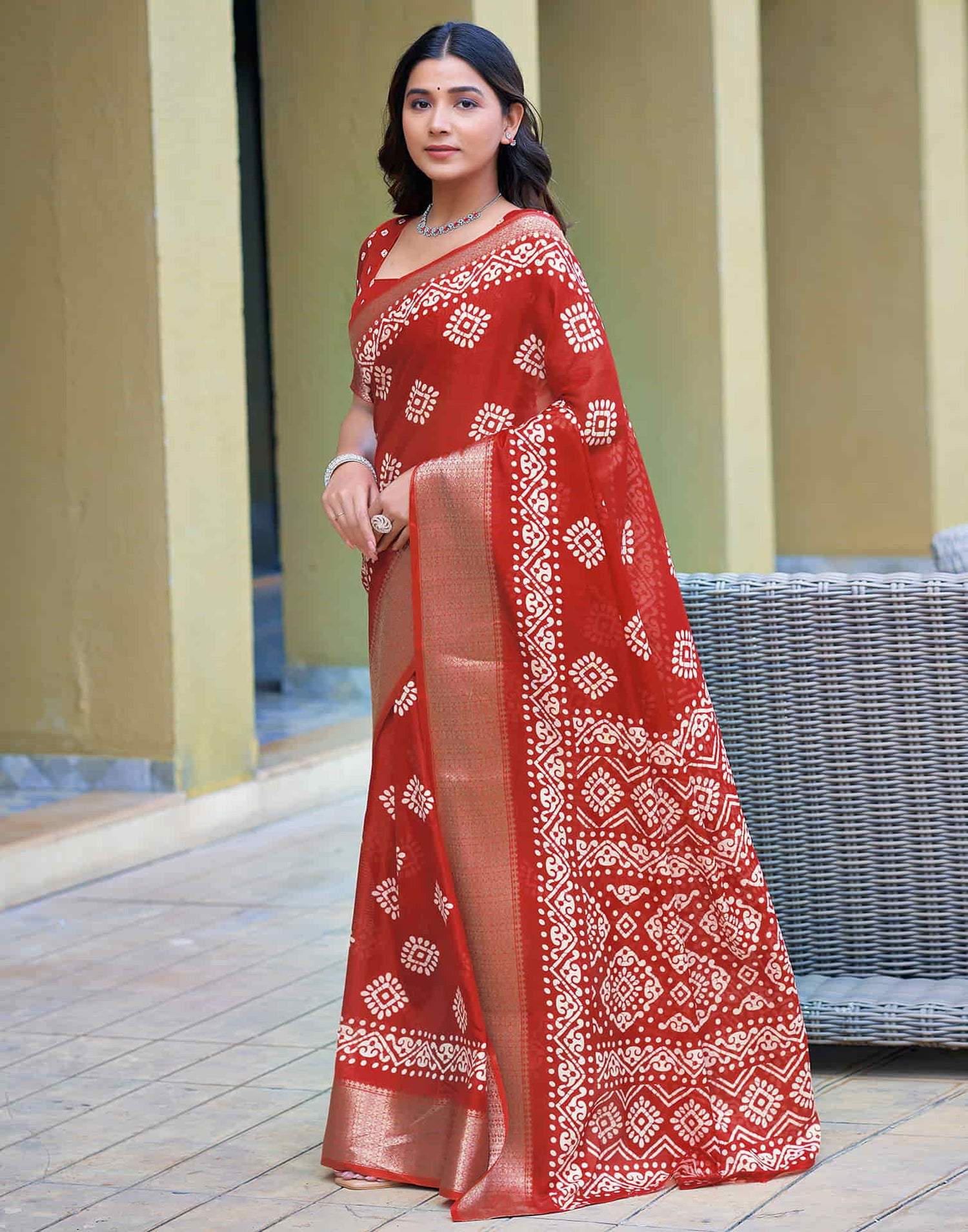 Red Cotton Blend Printed Saree