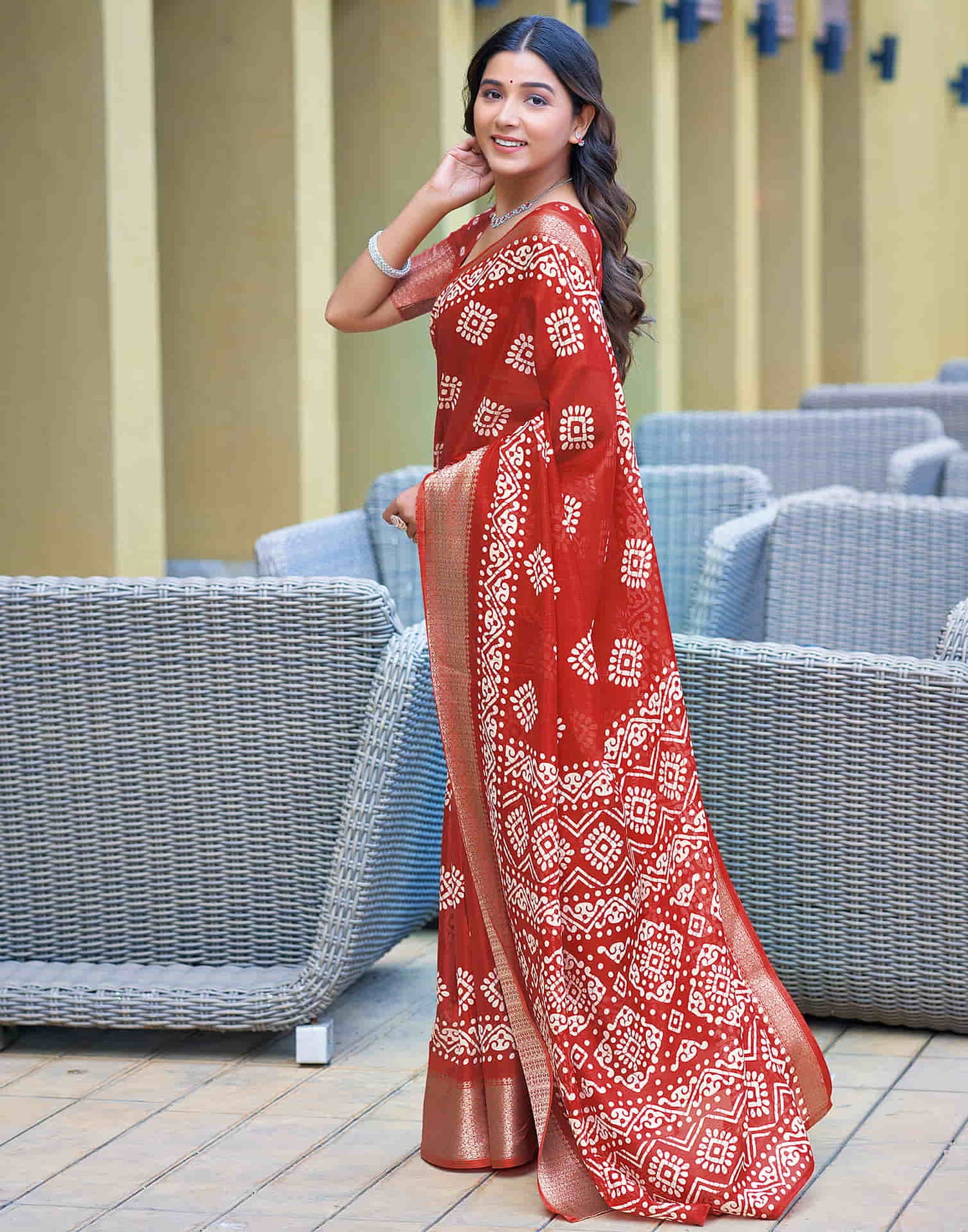 Red Cotton Blend Printed Saree