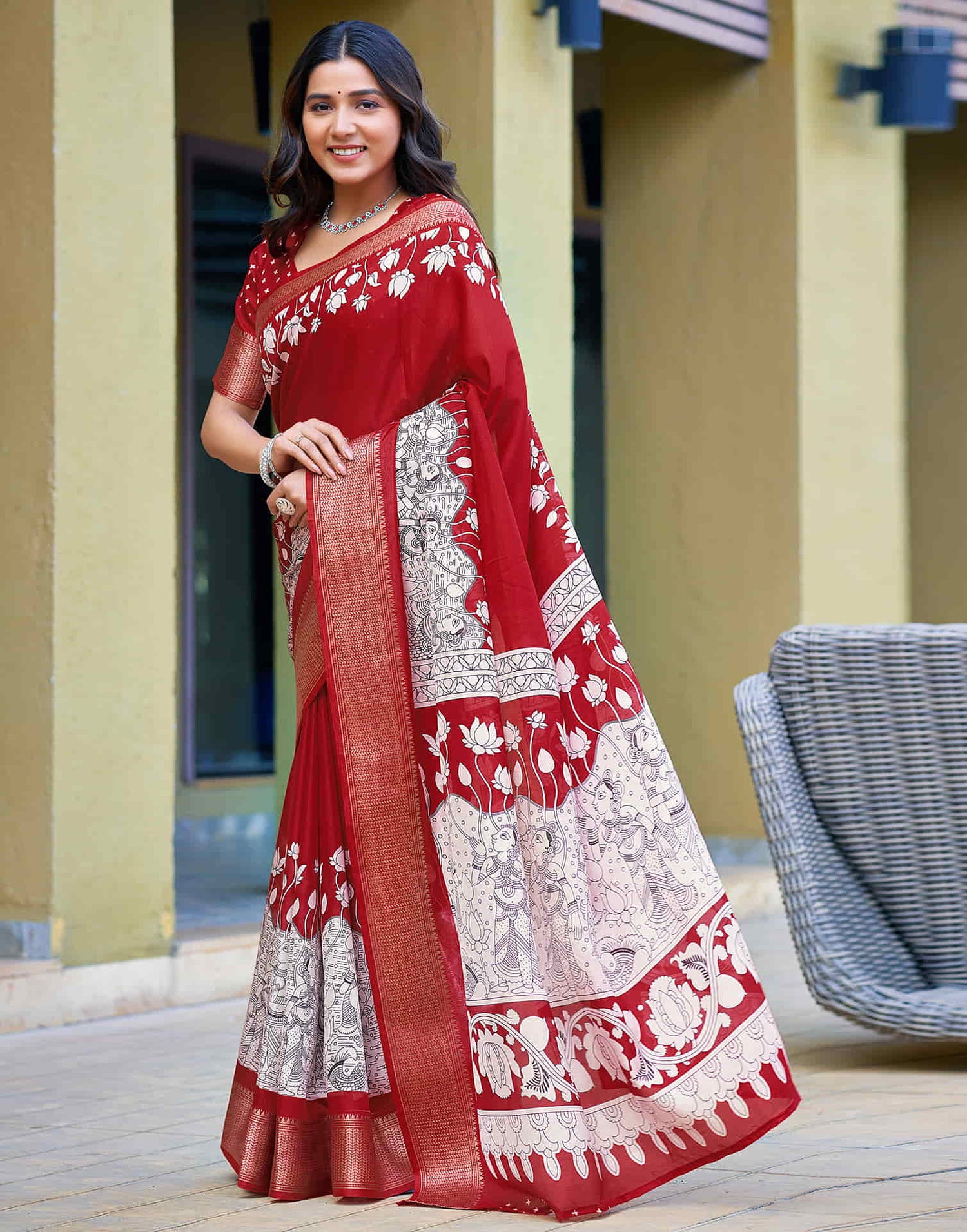 Red Cotton Blend Printed Saree