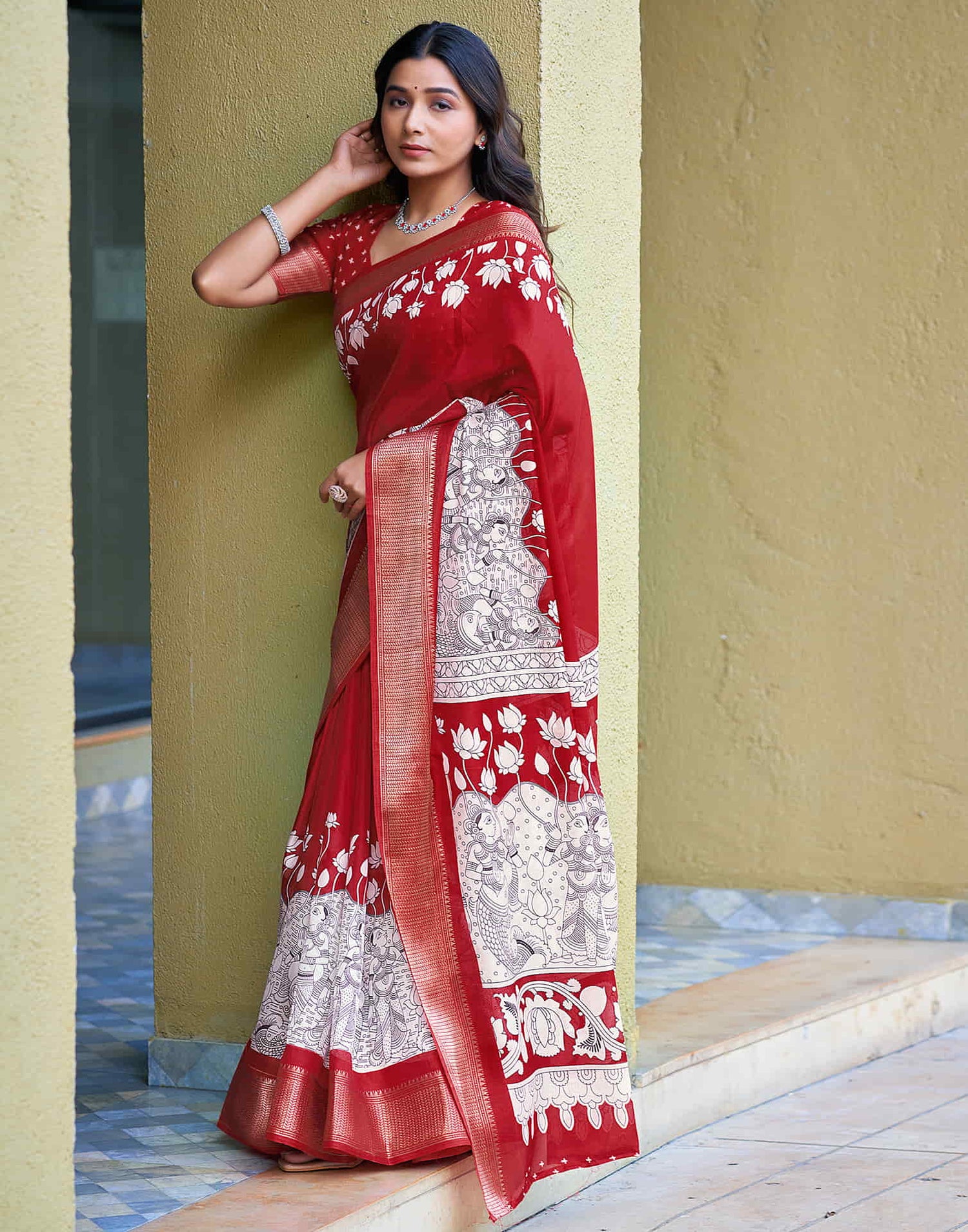 Red Cotton Blend Printed Saree