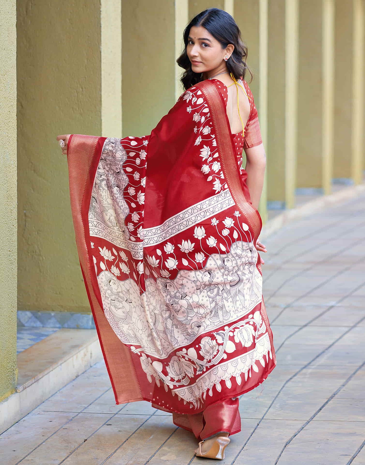 Red Cotton Blend Printed Saree