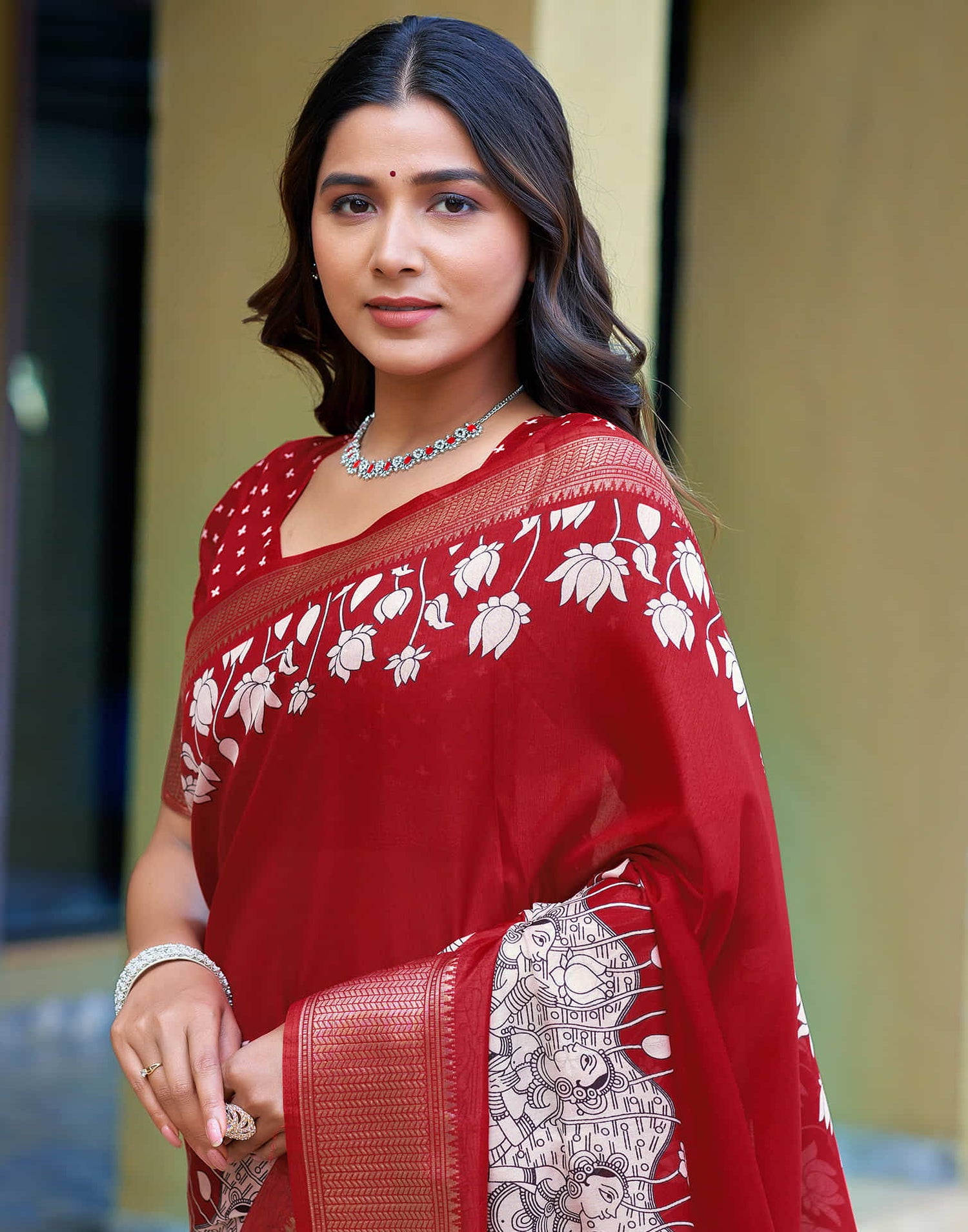 Red Cotton Blend Printed Saree