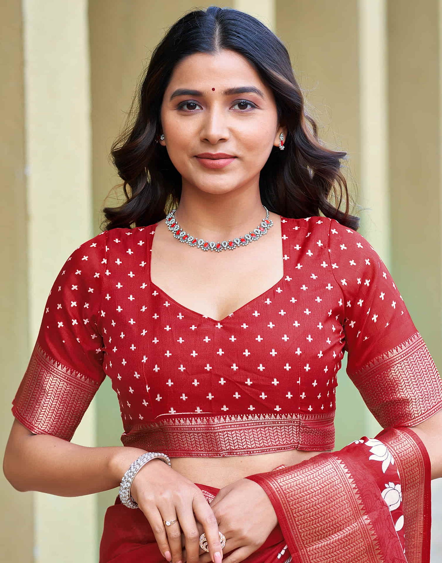 Red Cotton Blend Printed Saree