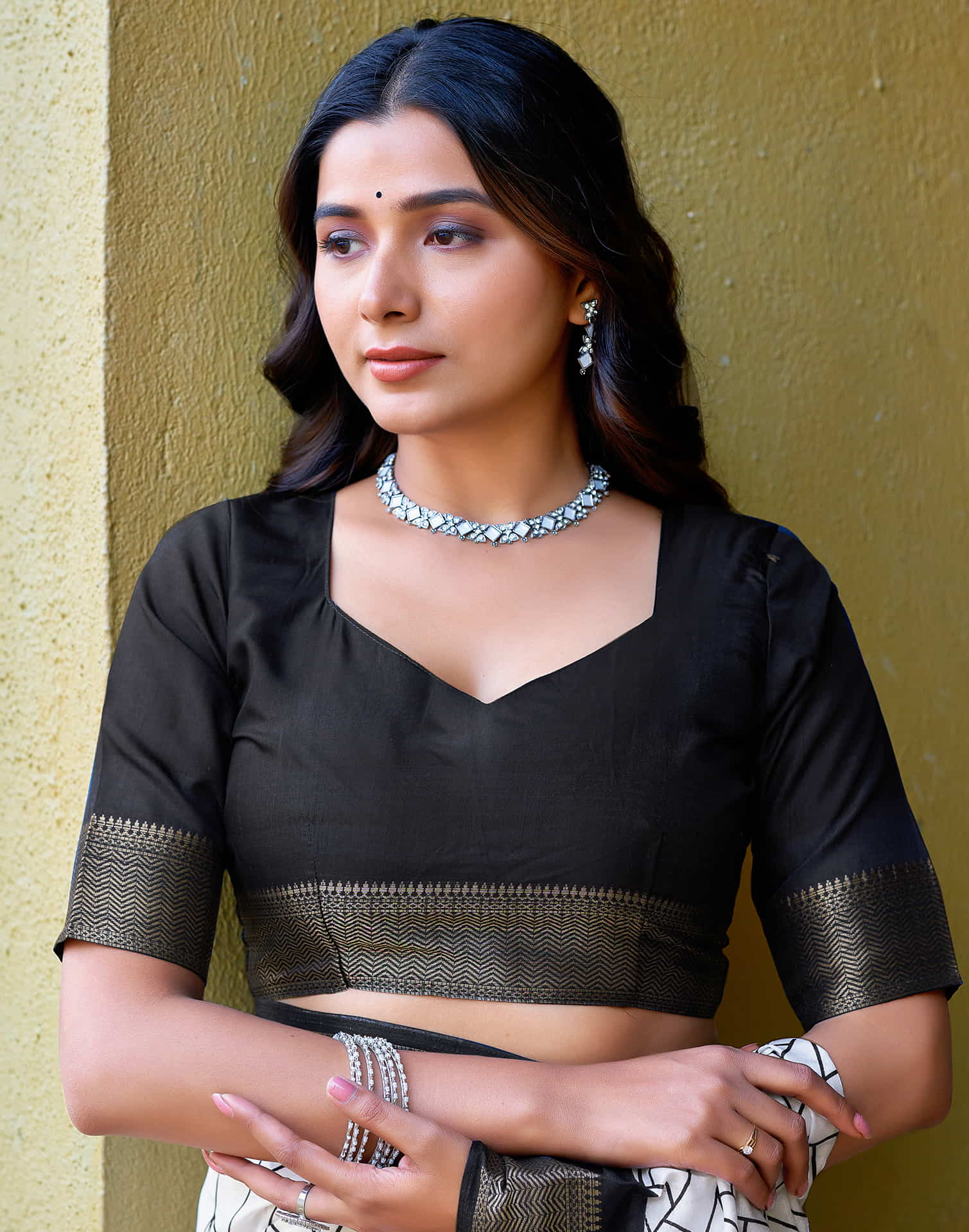 White Cotton Blend Printed Saree