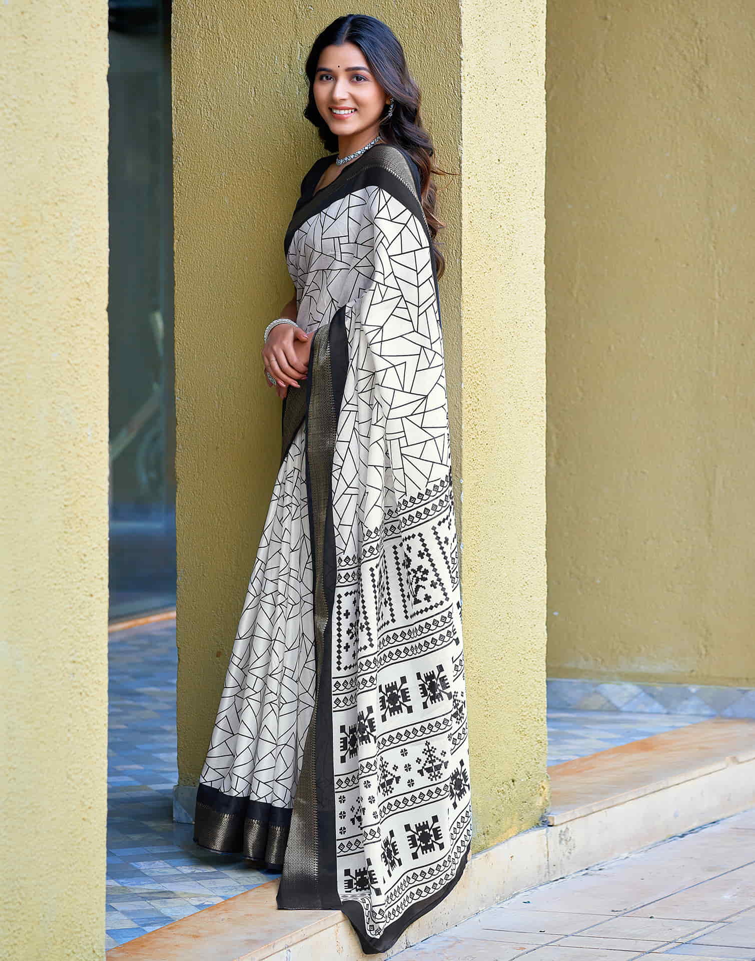 White Cotton Blend Printed Saree