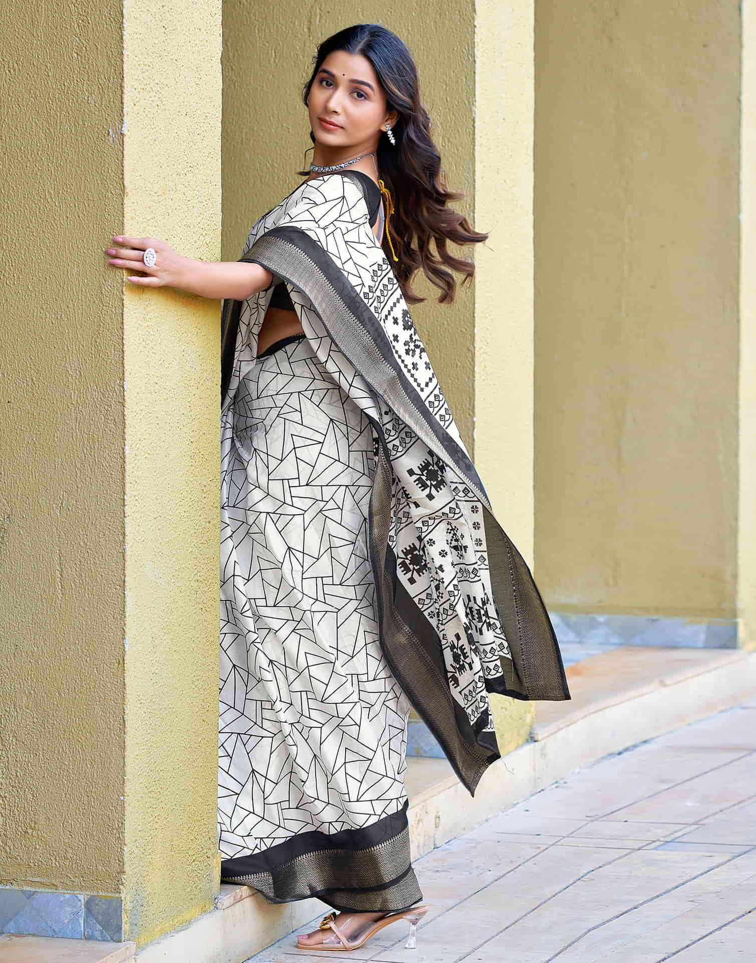 White Cotton Blend Printed Saree