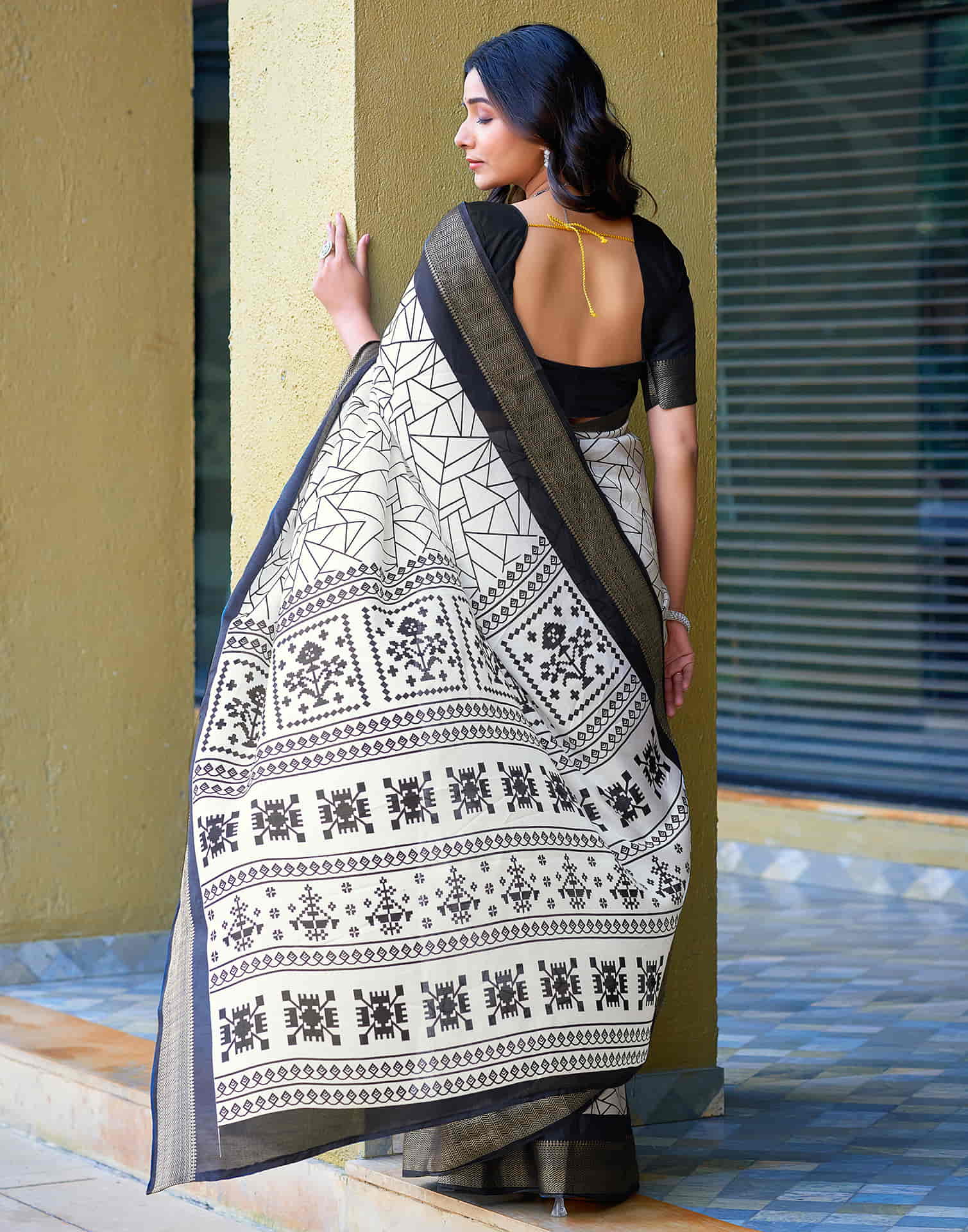 White Cotton Blend Printed Saree