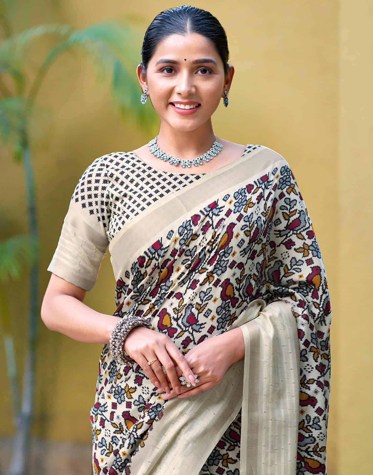 Beige Cotton Blend Printed Saree