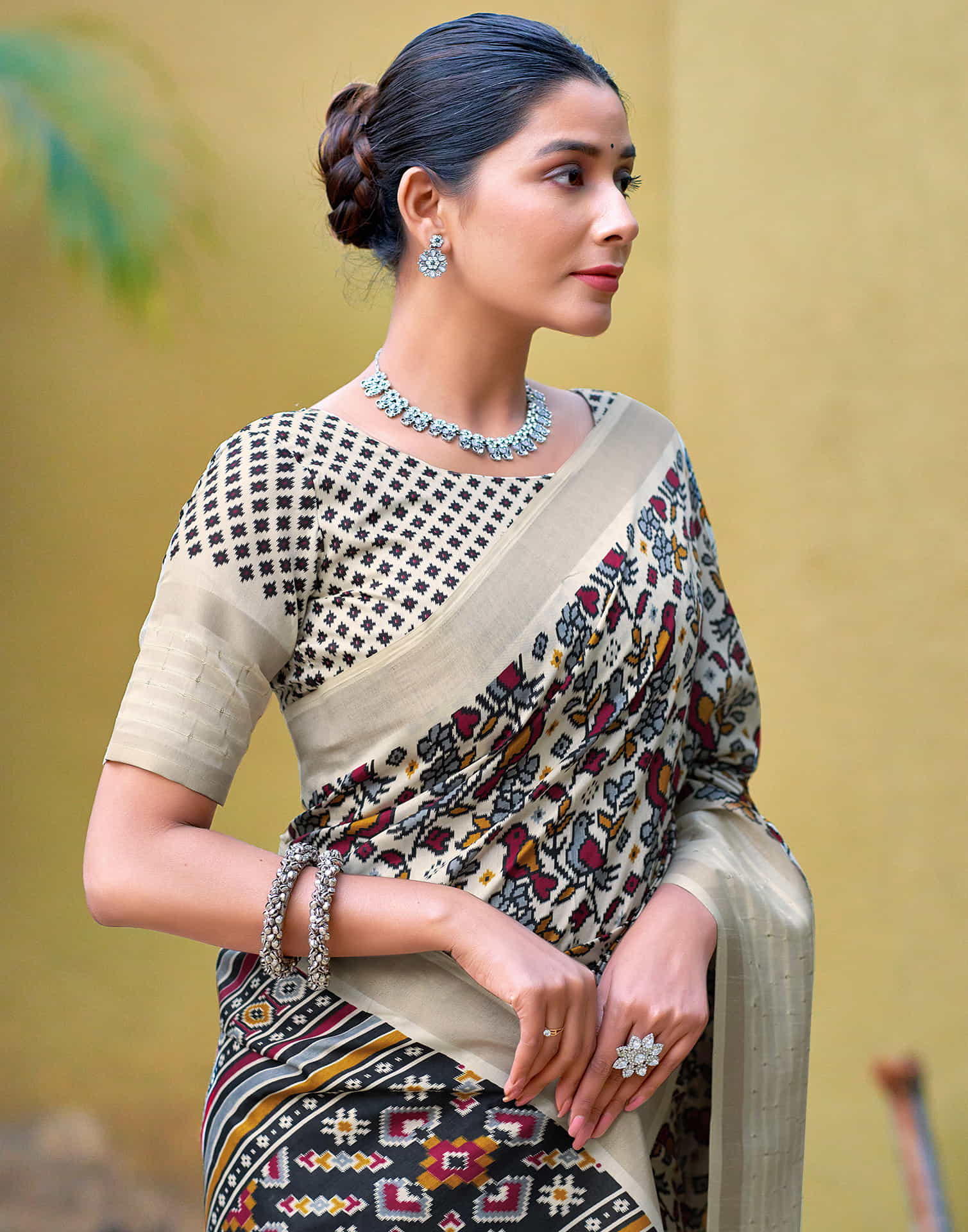 Beige Cotton Blend Printed Saree