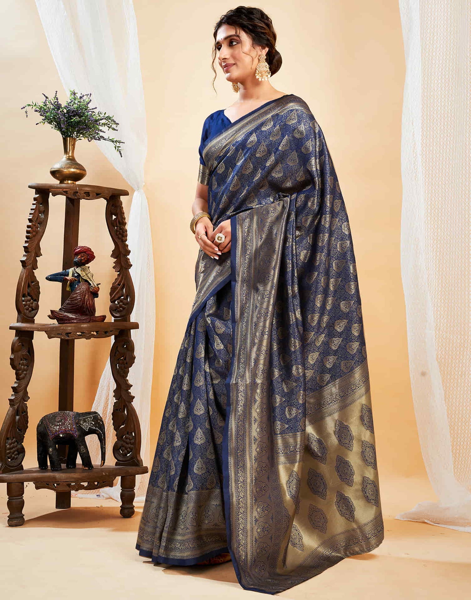 Blue Silk Blend Woven Banarasi Saree