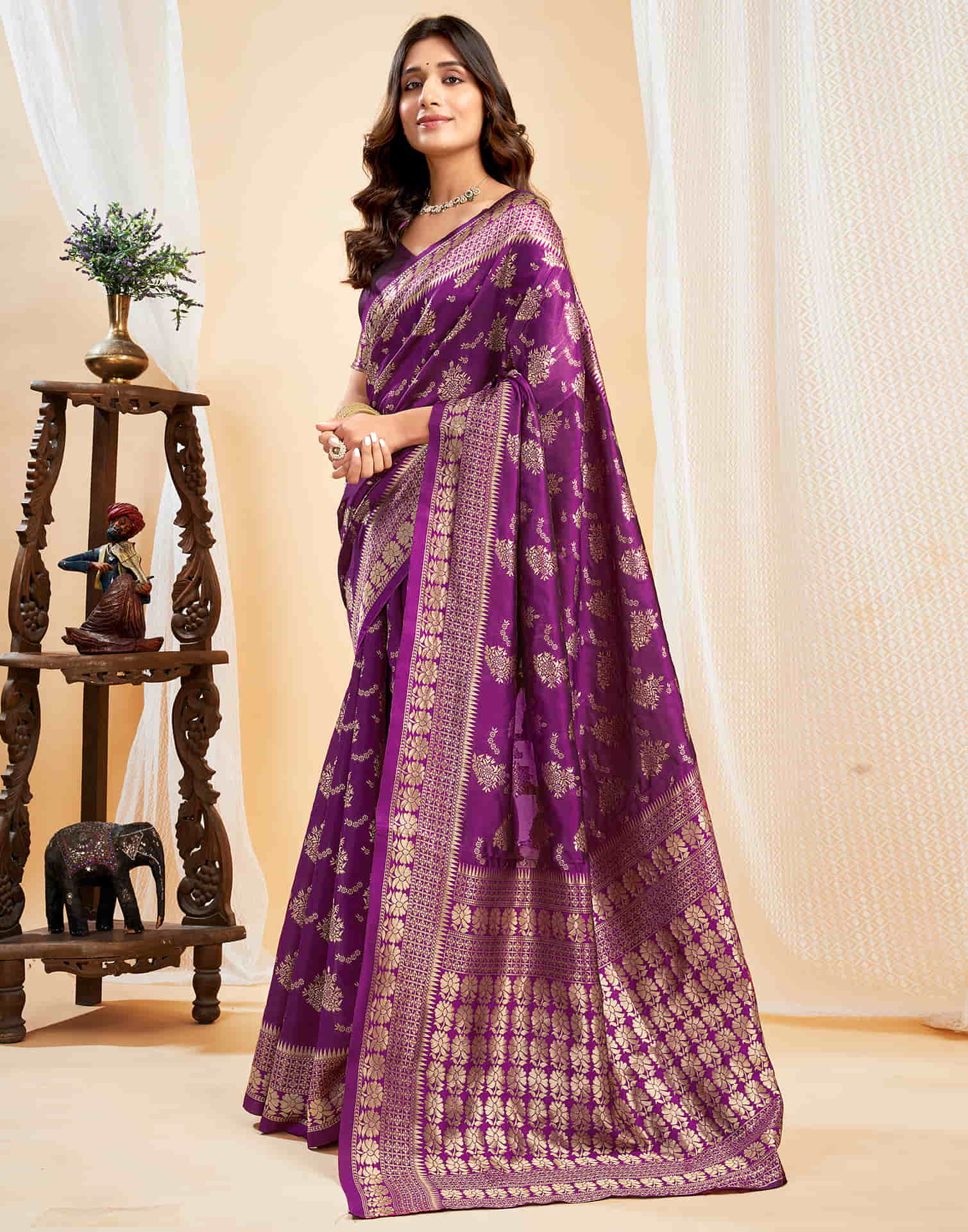 Purple Silk Blend Woven Banarasi Saree
