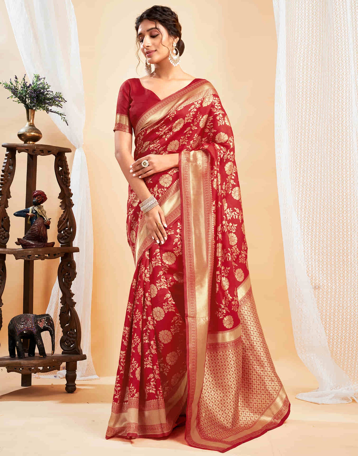 Red Silk Blend Woven Banarasi Saree
