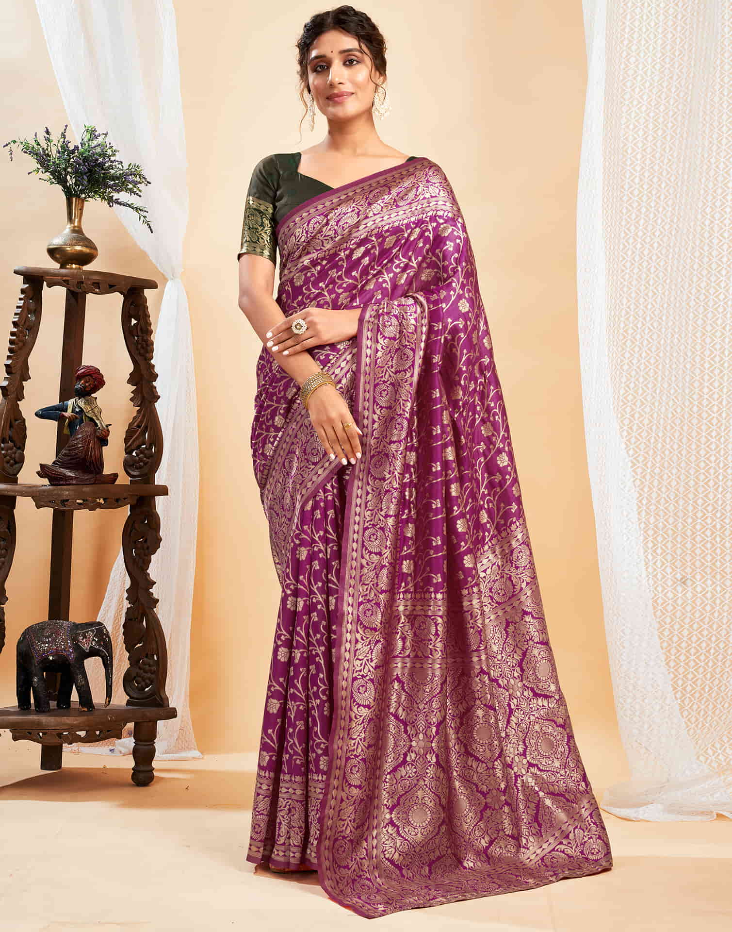 Purple Silk Blend Woven Banarasi Saree