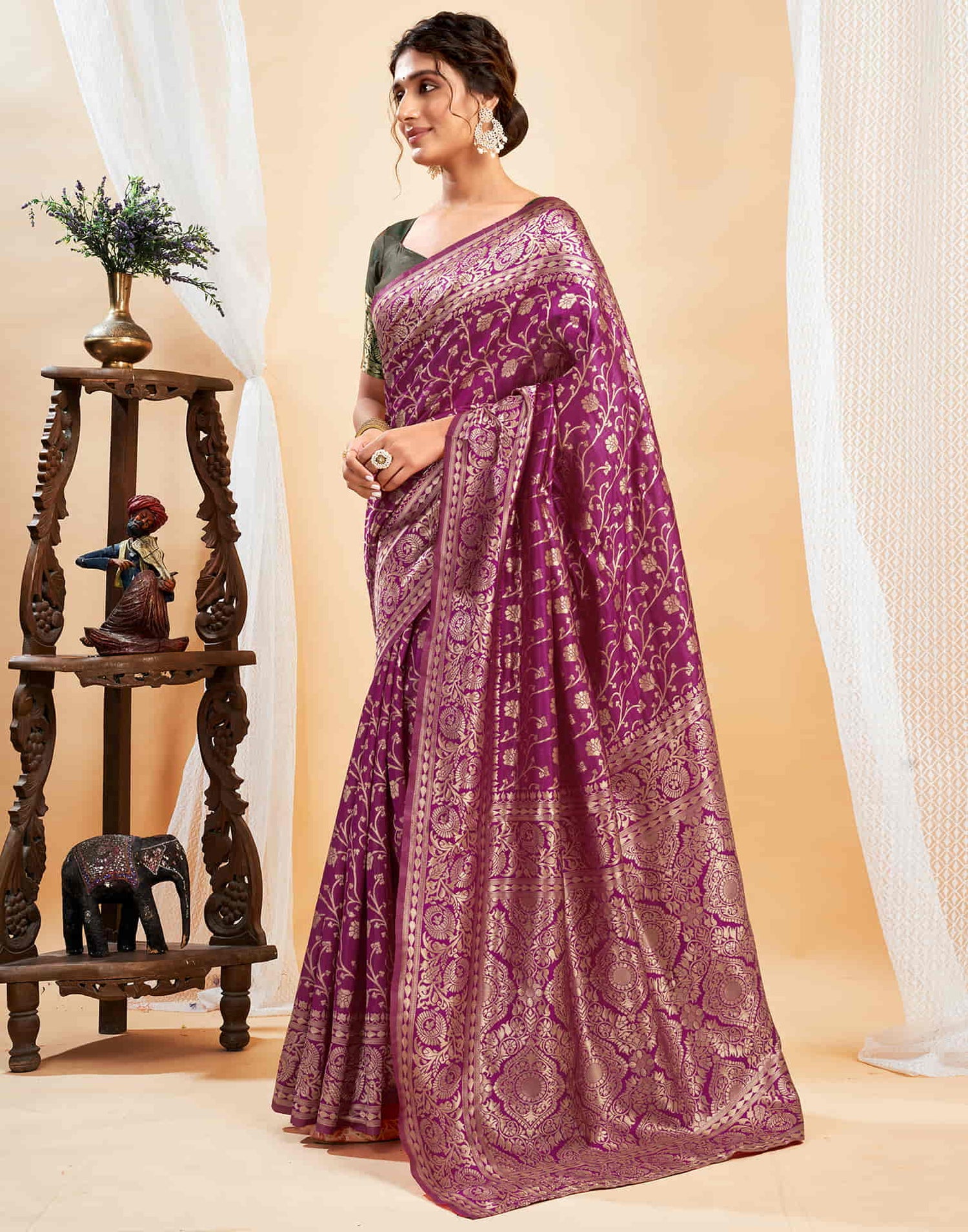 Purple Silk Blend Woven Banarasi Saree