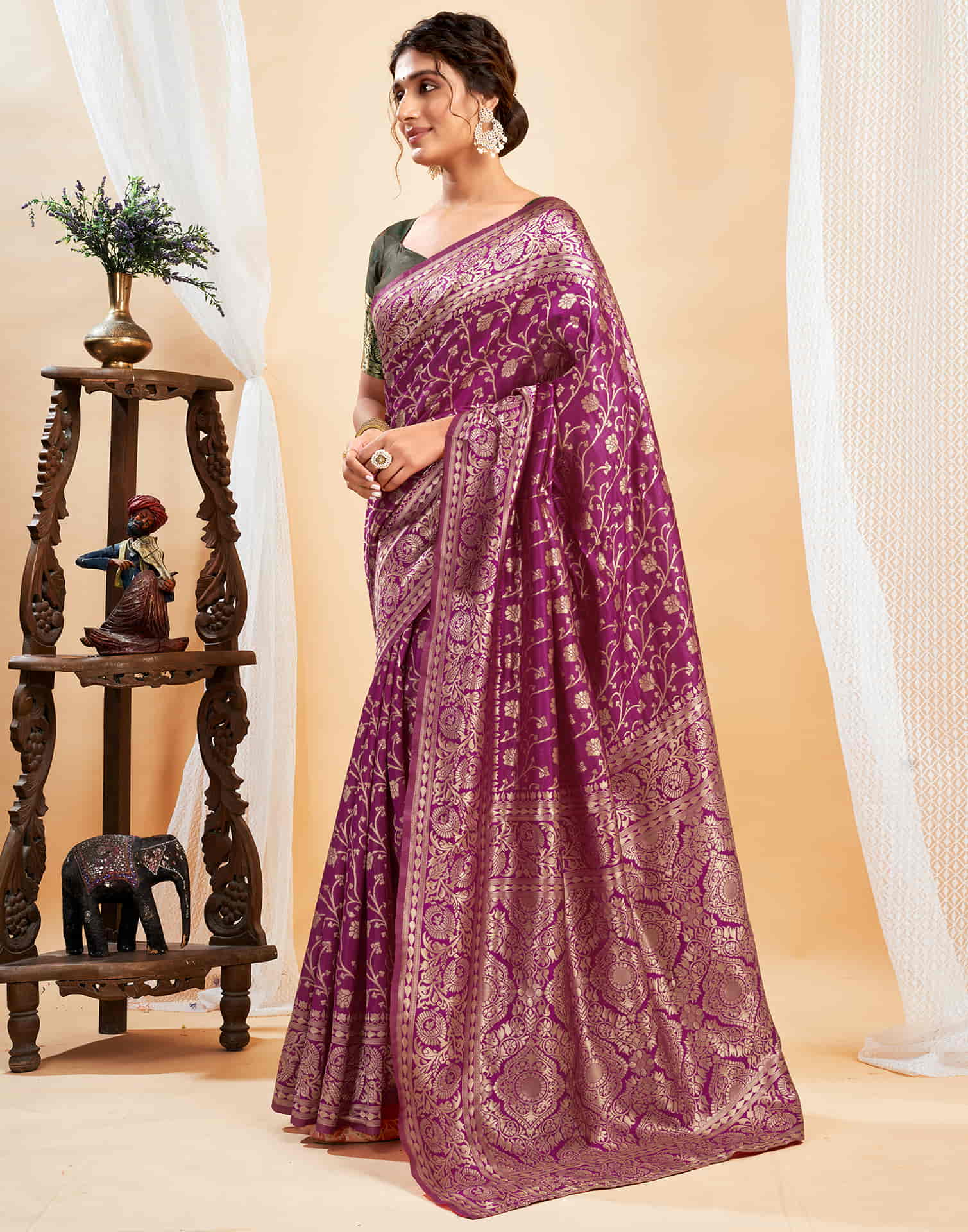 Purple Silk Blend Woven Banarasi Saree
