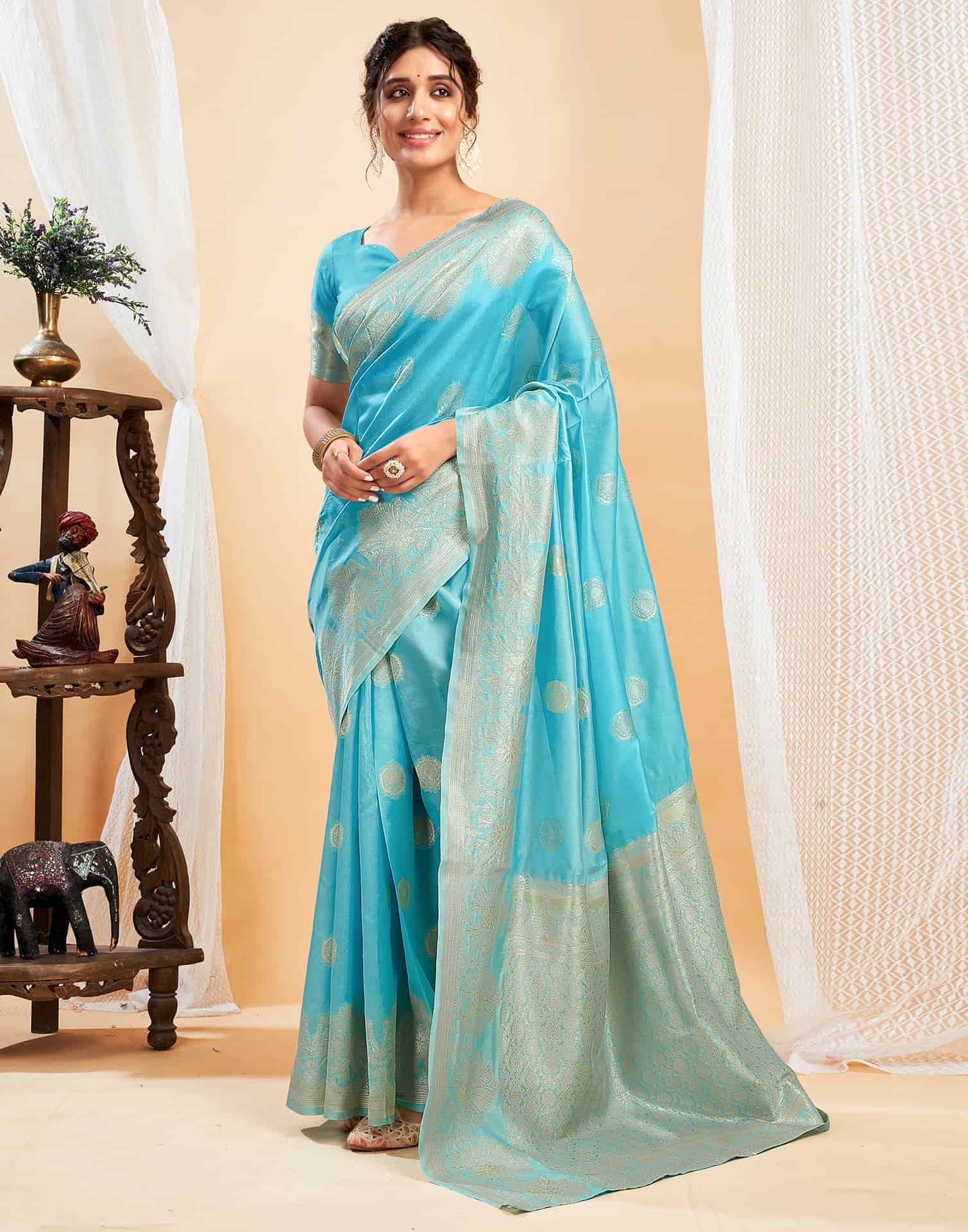 Blue Silk Blend Woven Banarasi Saree
