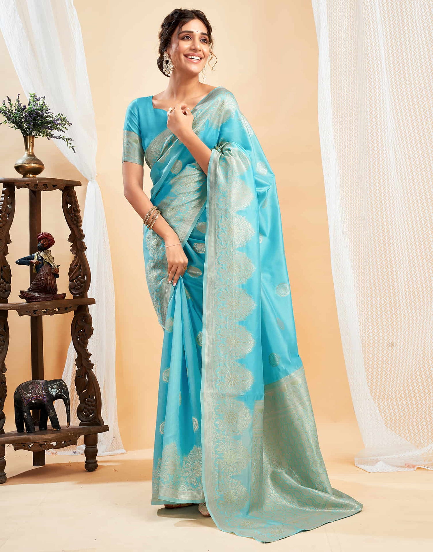 Blue Silk Blend Woven Banarasi Saree