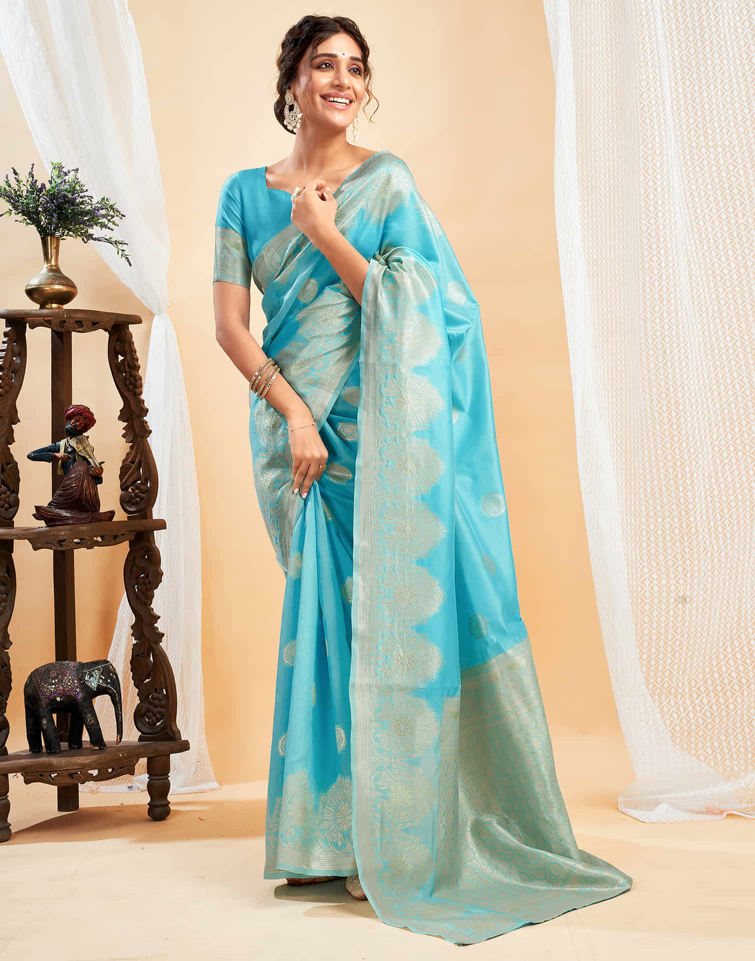 Blue Silk Blend Woven Banarasi Saree
