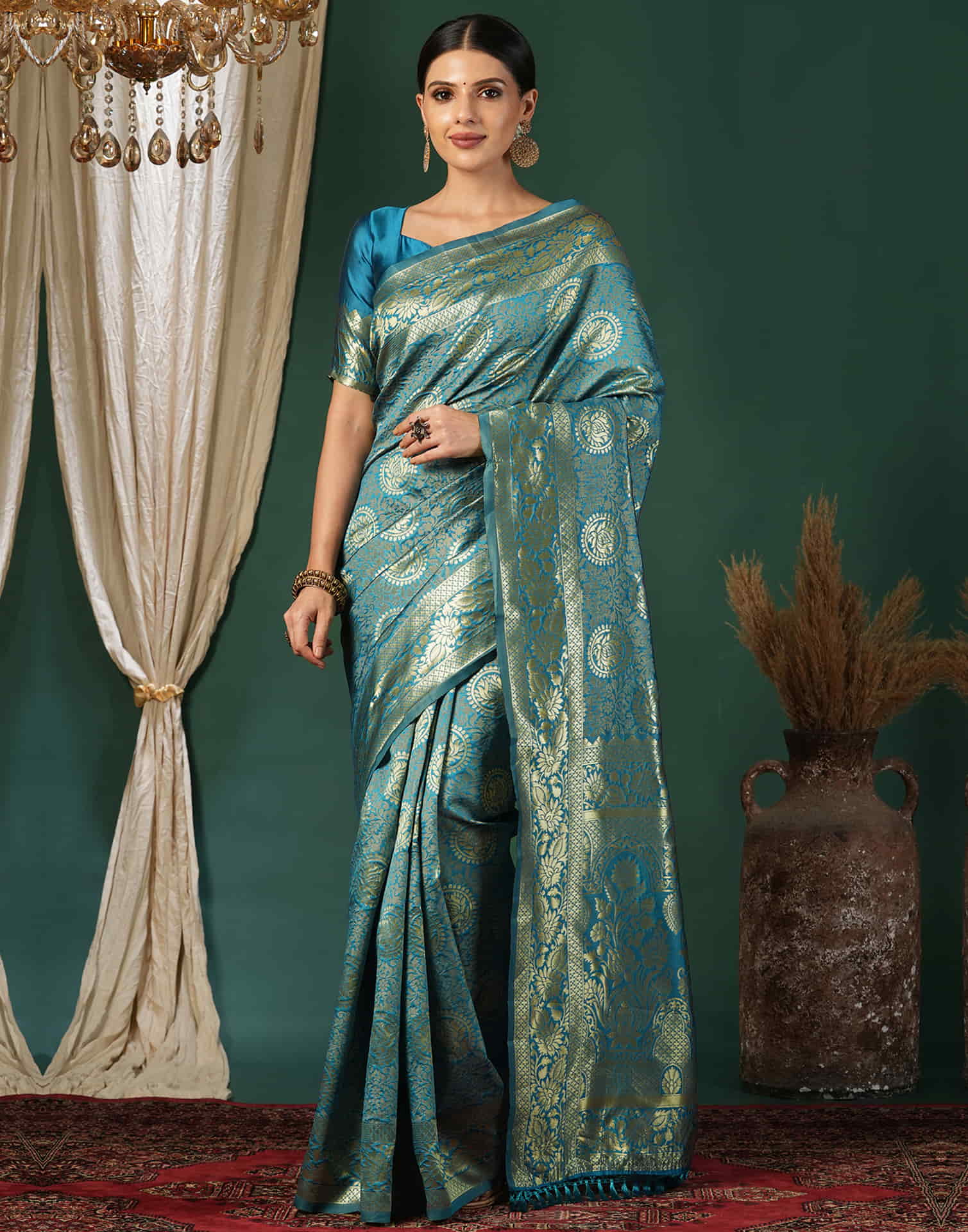 Teal Blue Silk Woven Banarasi Saree