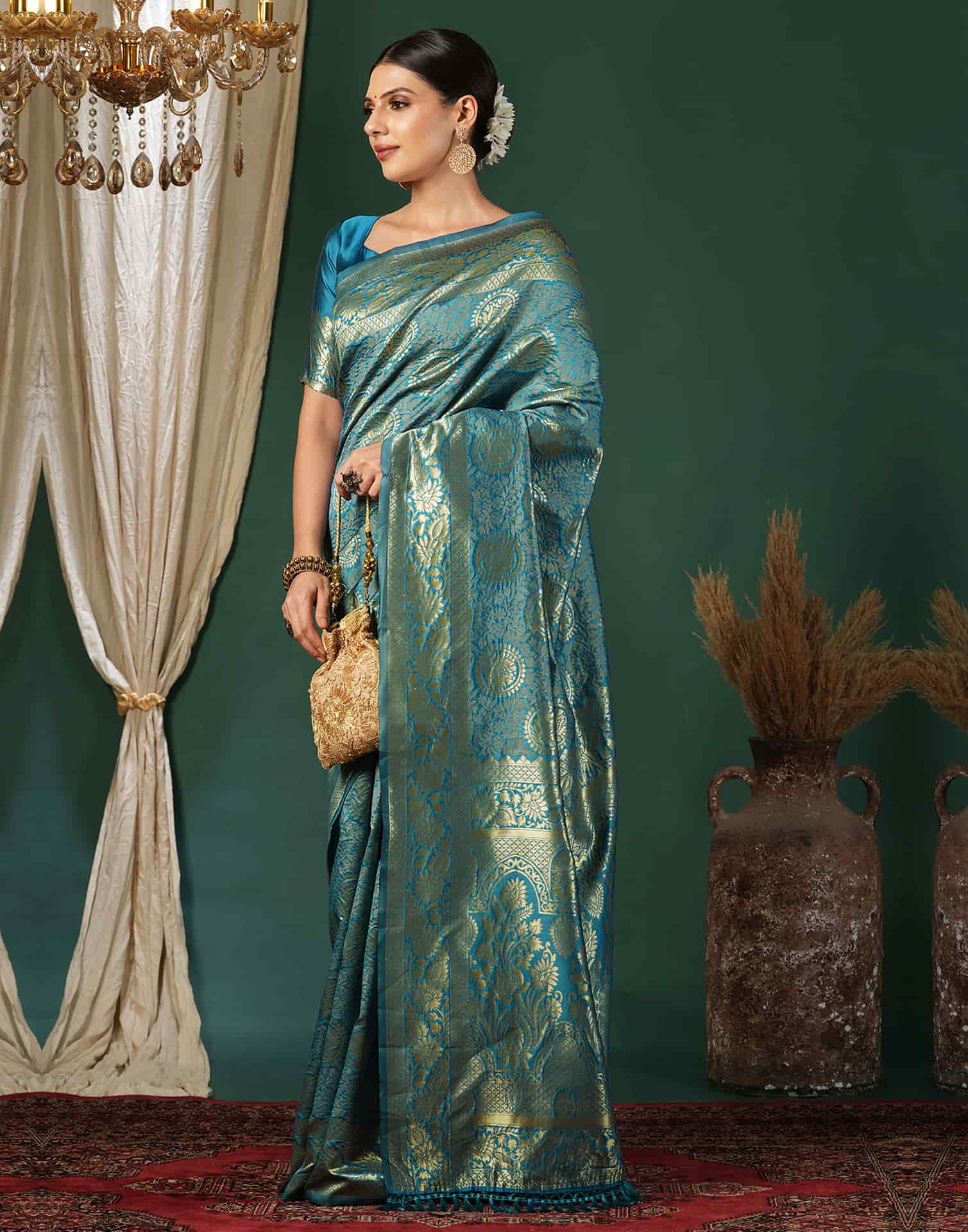 Teal Blue Silk Woven Banarasi Saree