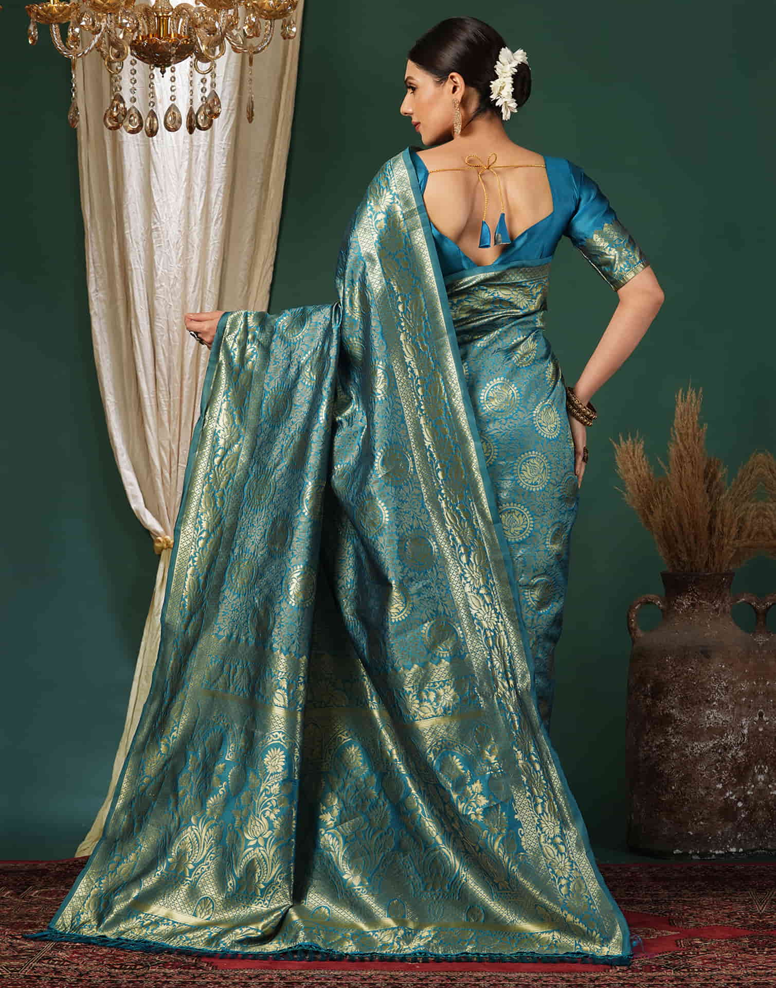 Teal Blue Silk Woven Banarasi Saree