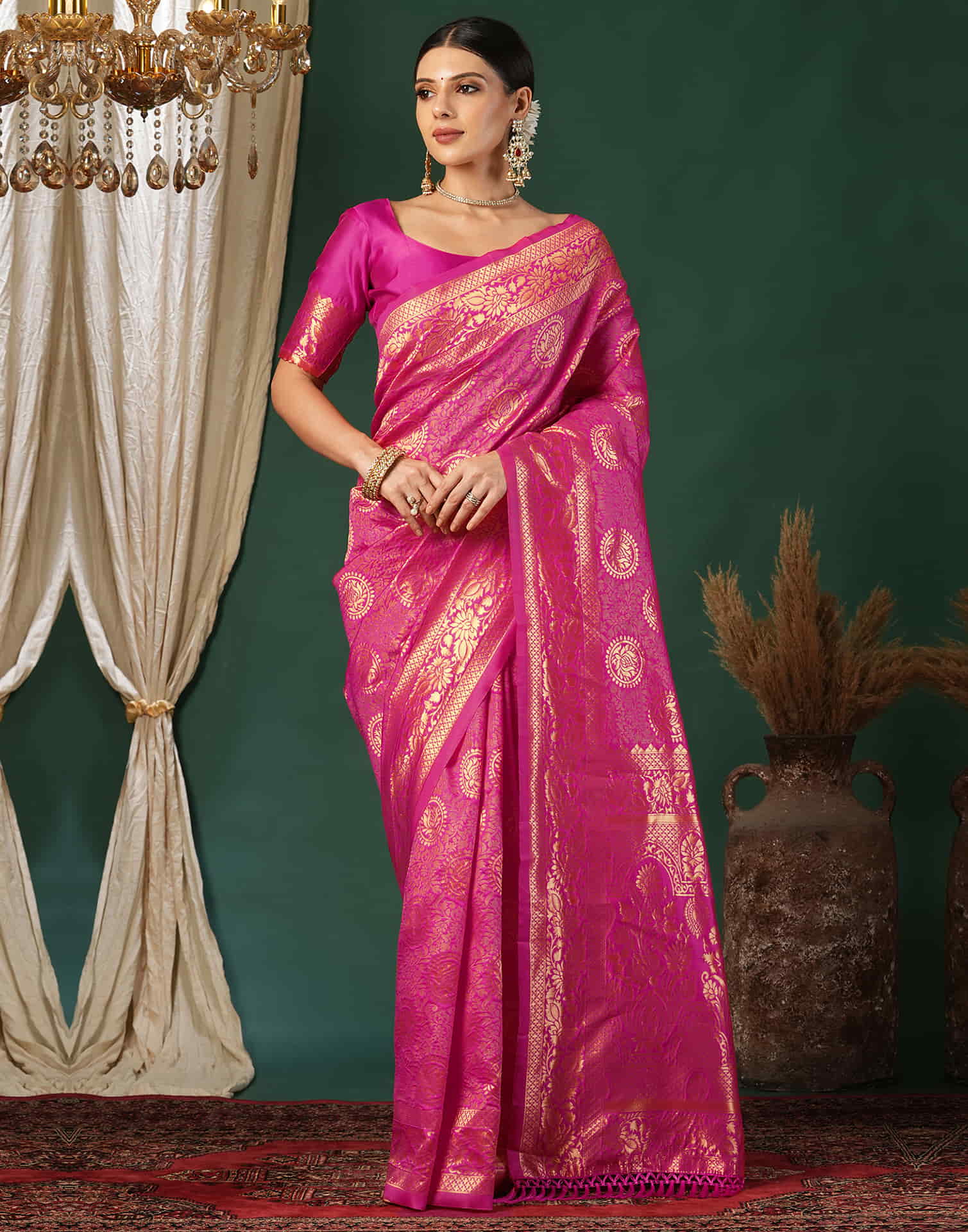 Magenta Silk Blend Woven Banarasi Saree