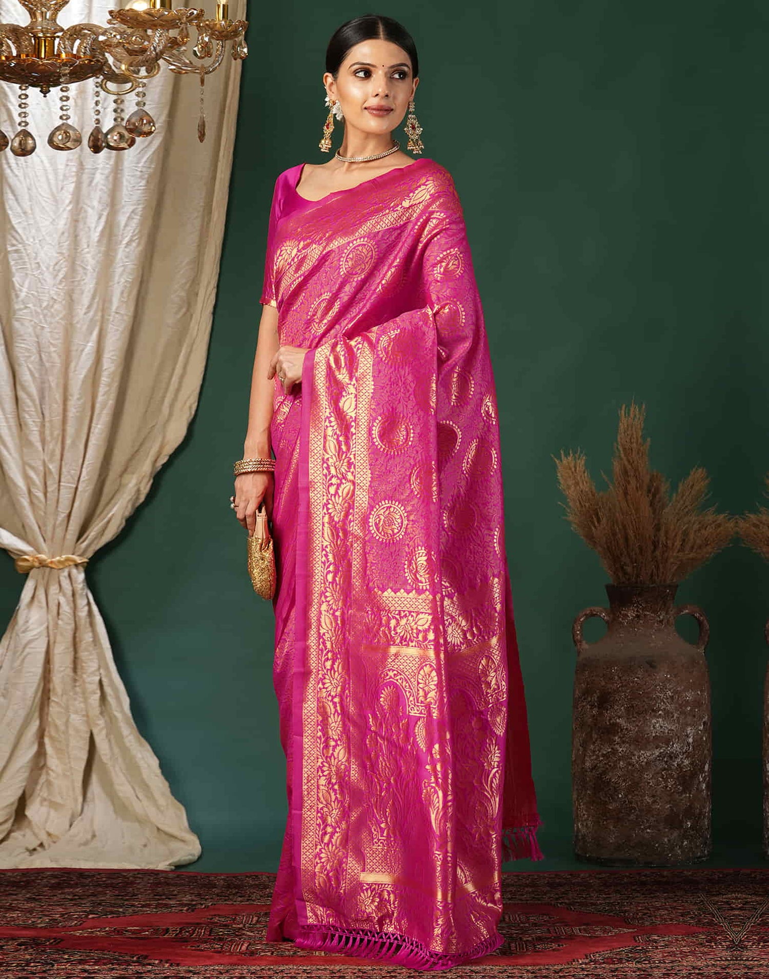 Magenta Silk Blend Woven Banarasi Saree