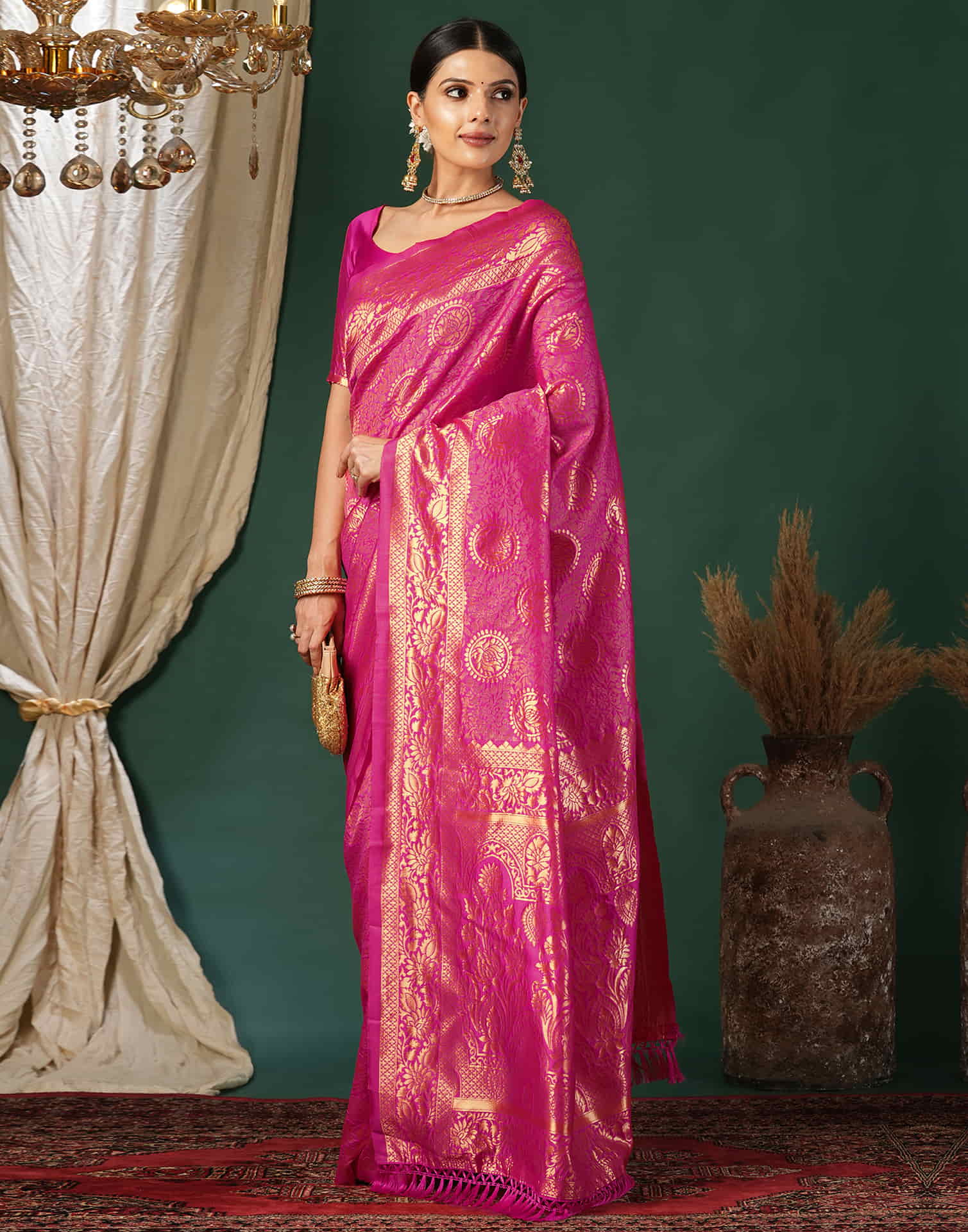 Magenta Silk Blend Woven Banarasi Saree