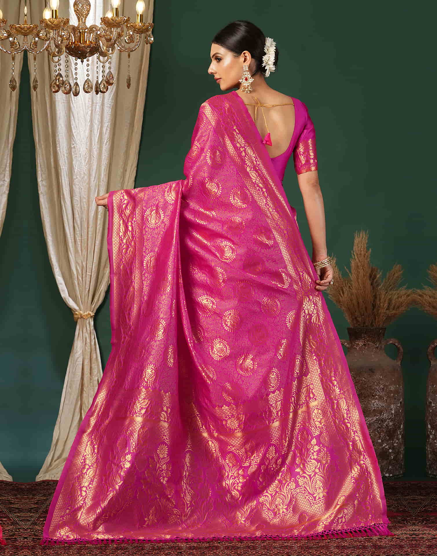 Magenta Silk Blend Woven Banarasi Saree