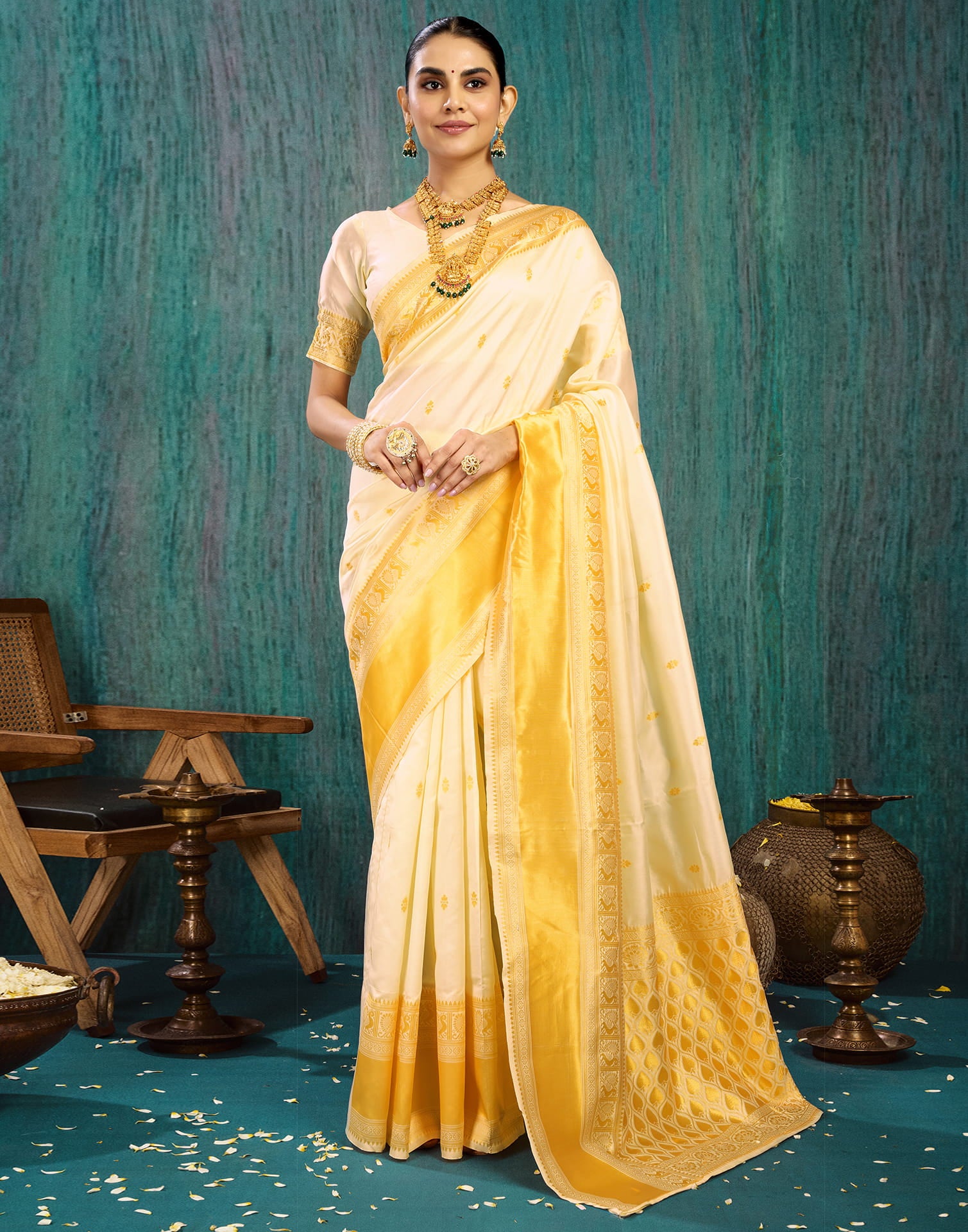 White Silk Blend Woven Saree