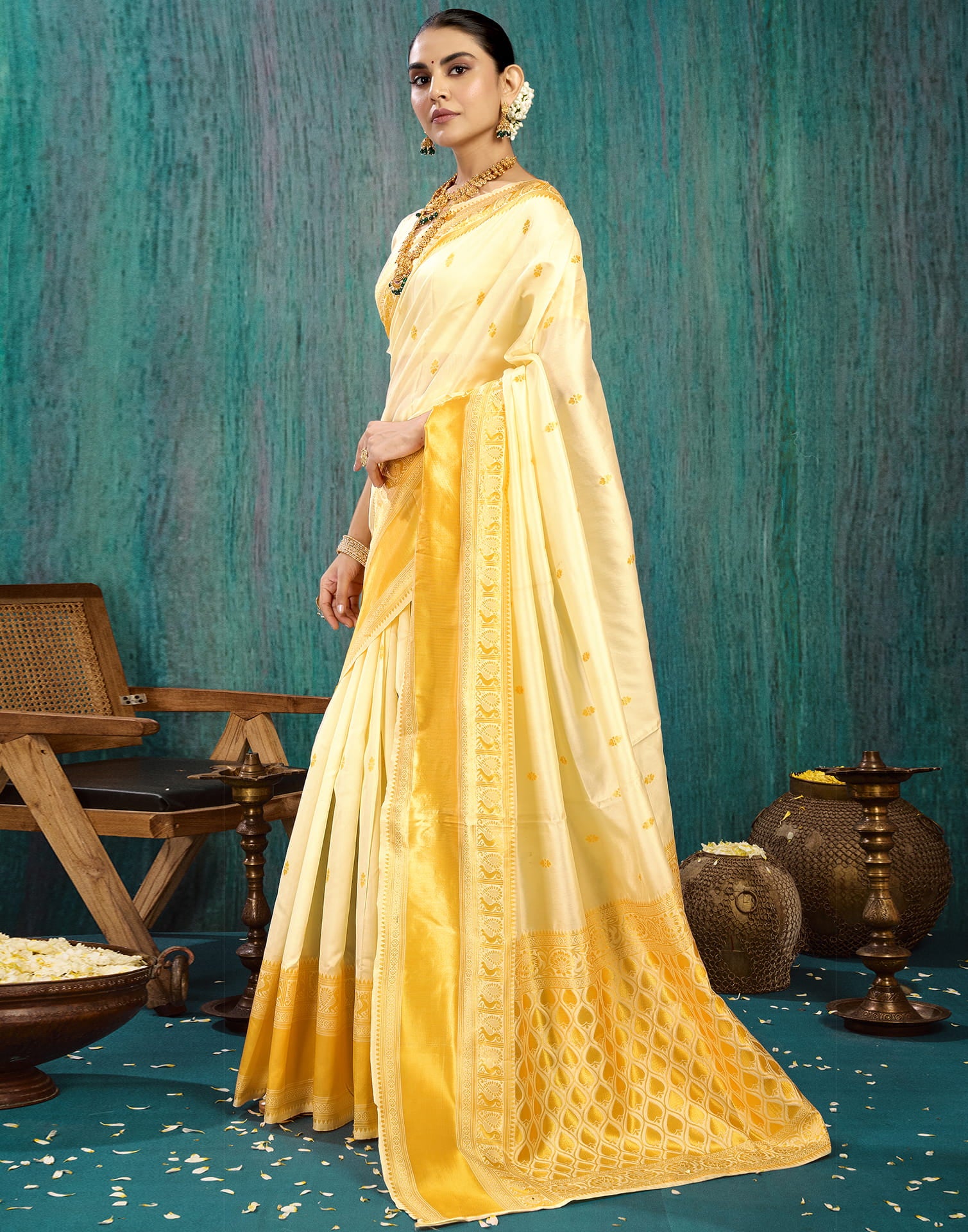 White Silk Blend Woven Saree