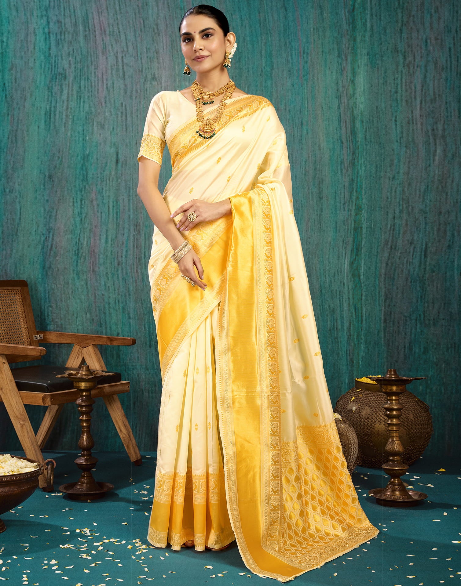 White Silk Blend Woven Saree