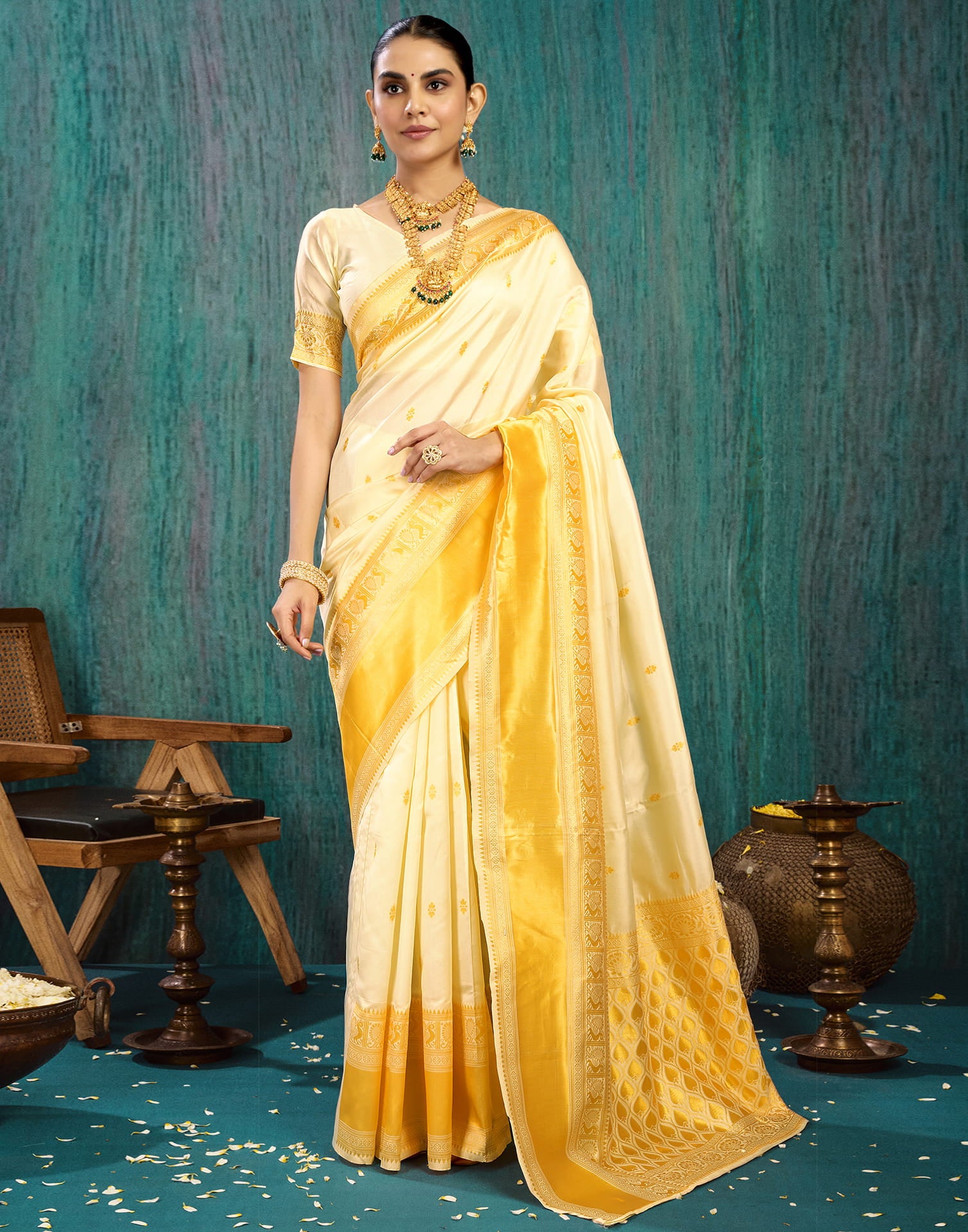 White Silk Blend Woven Saree