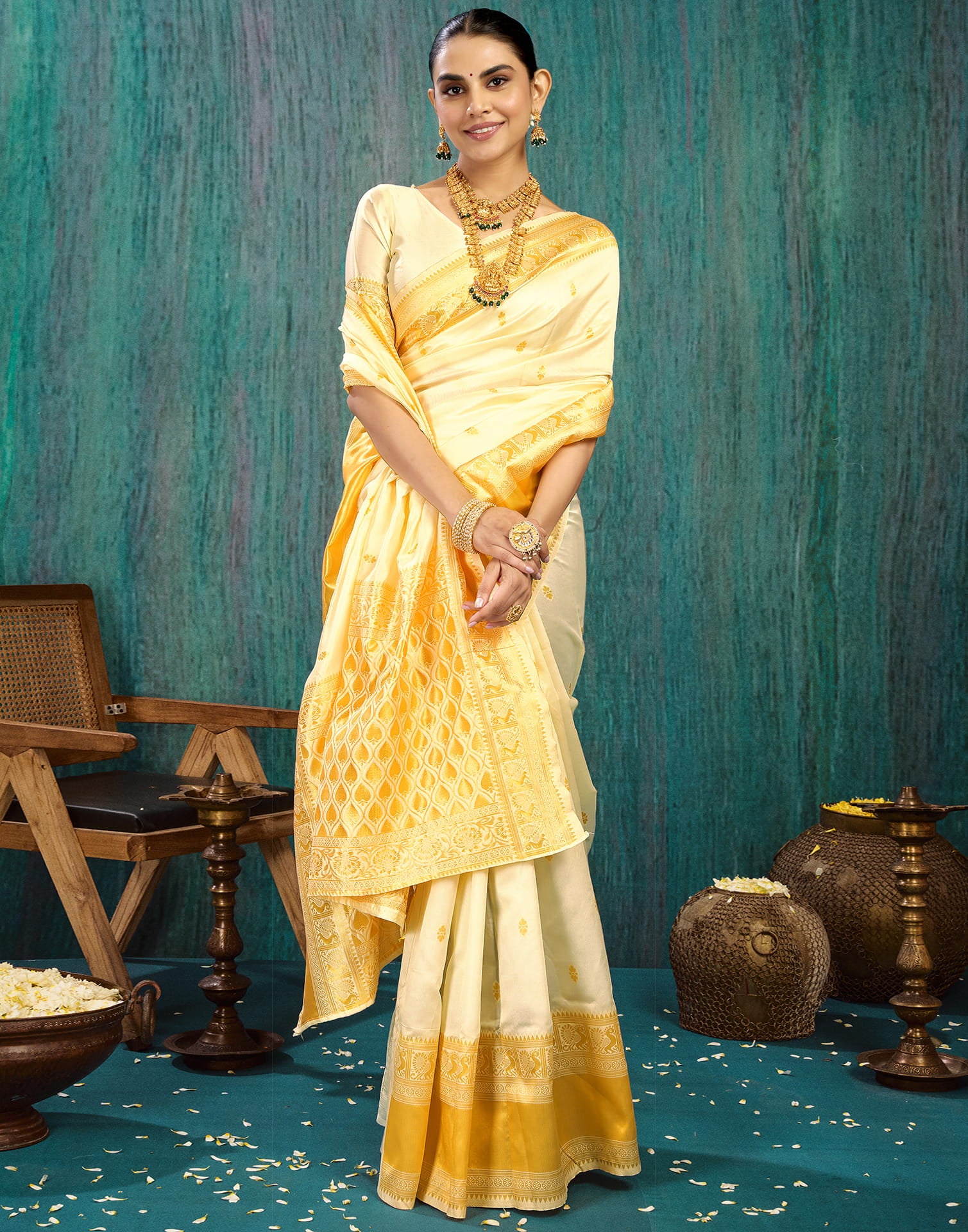 White Silk Blend Woven Saree