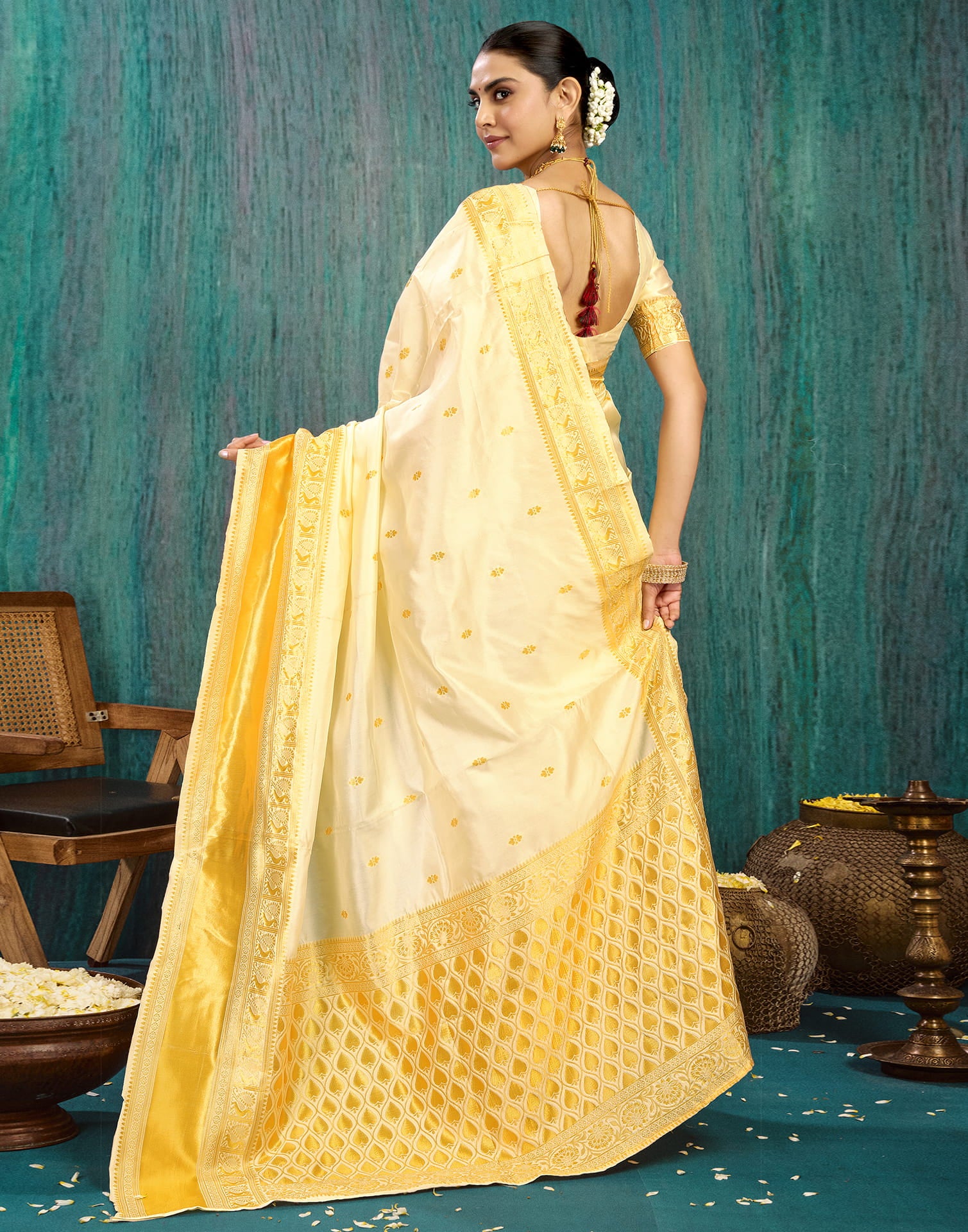 White Silk Blend Woven Saree