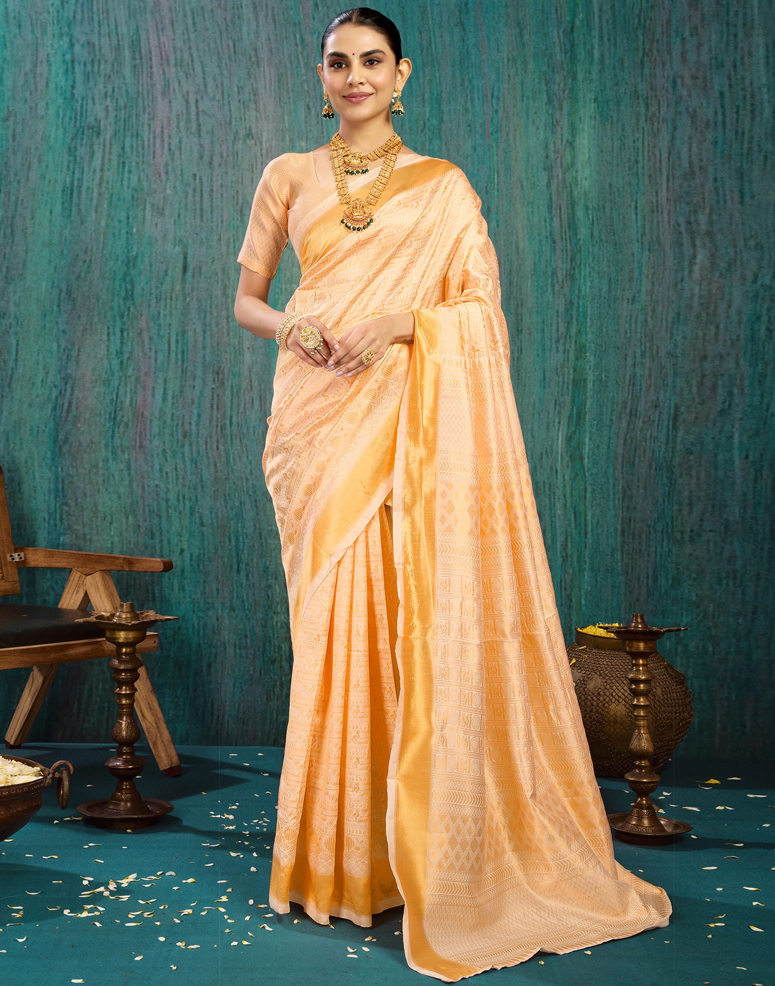 Beige Silk Blend Woven Saree