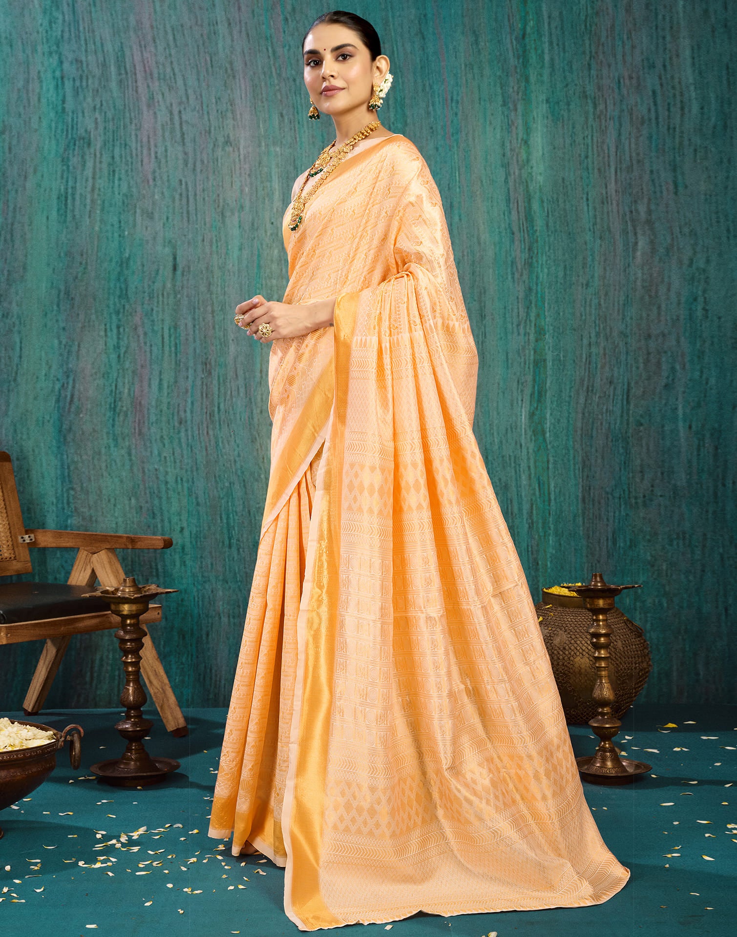 Beige Silk Blend Woven Saree