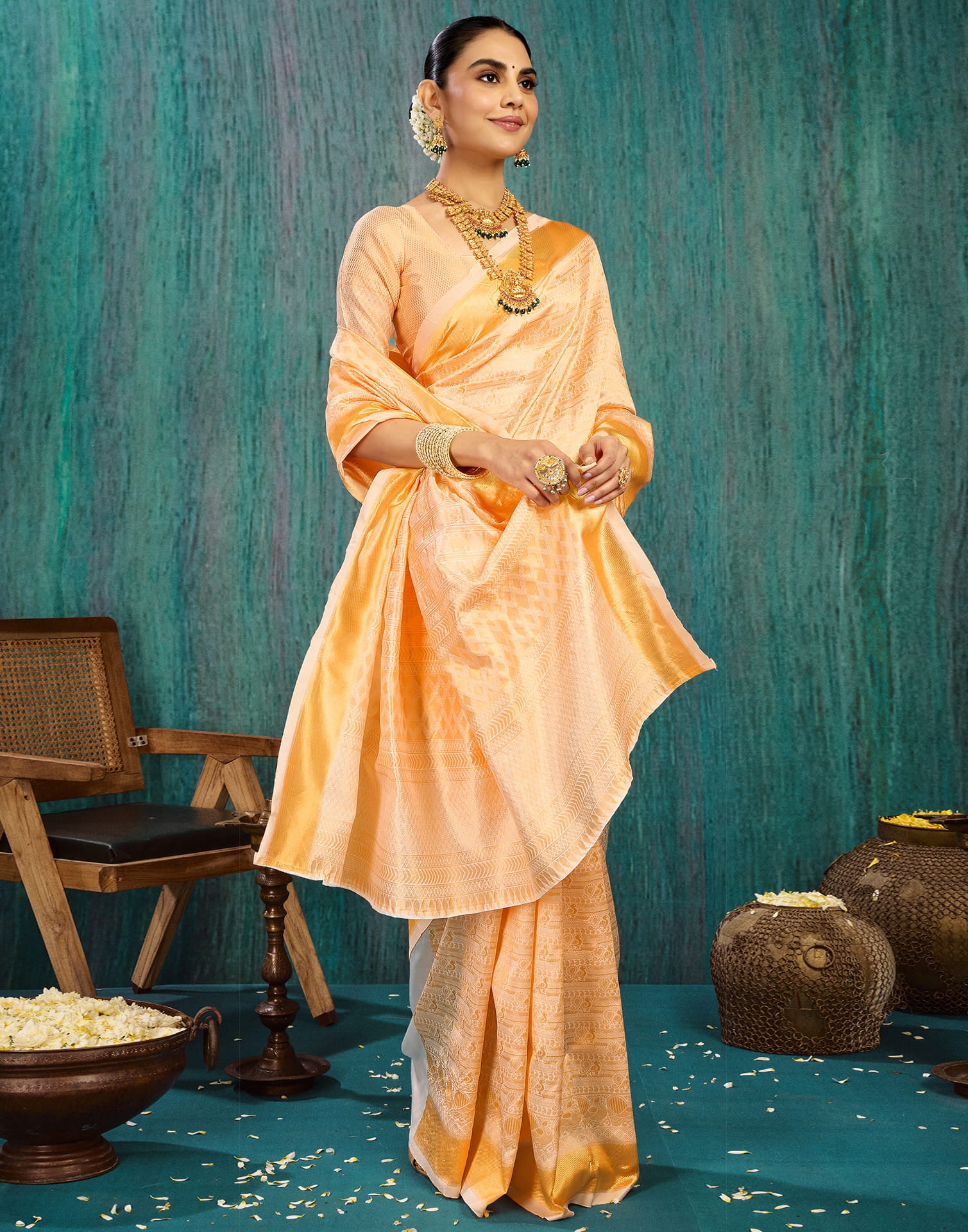 Beige Silk Blend Woven Saree