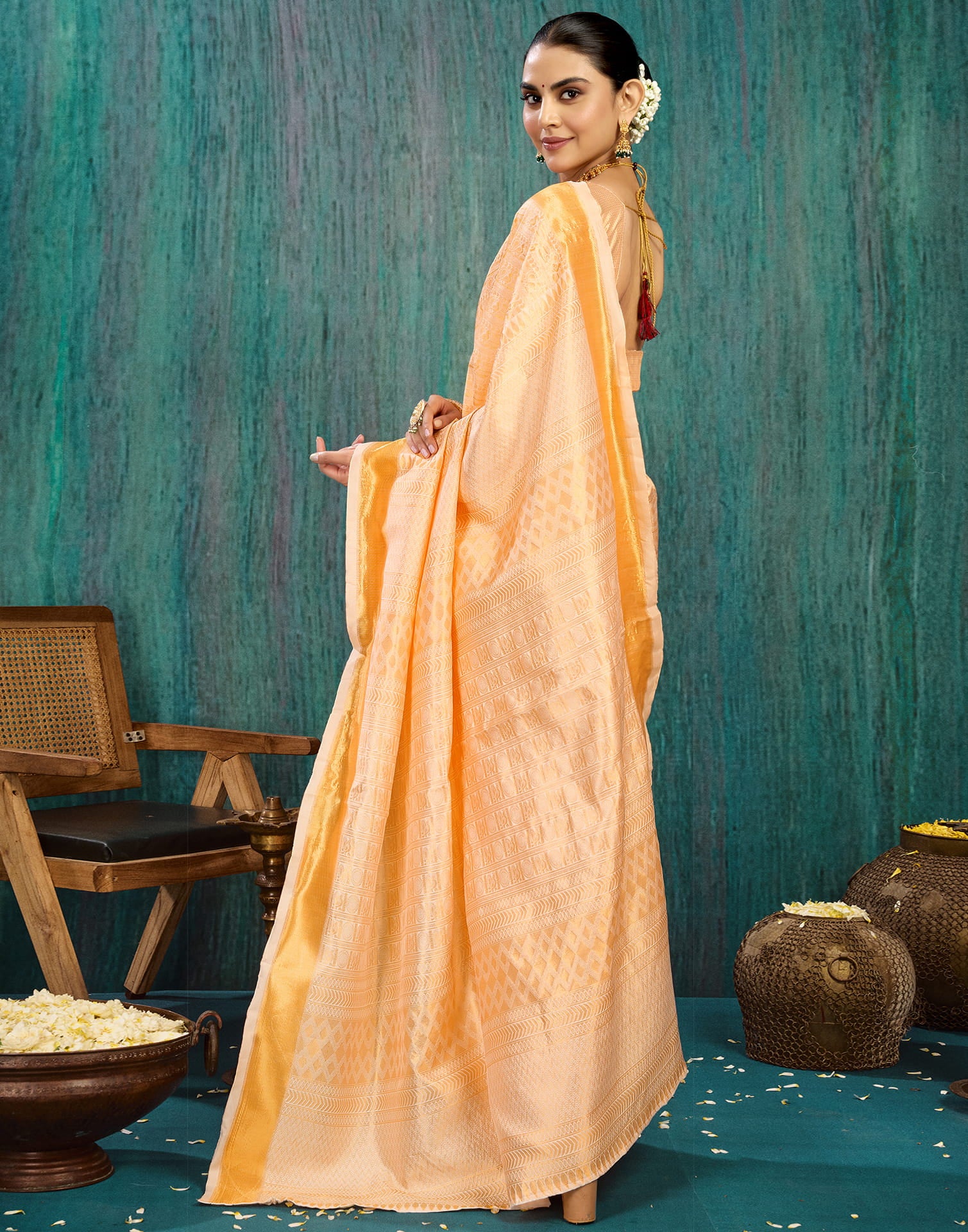 Beige Silk Blend Woven Saree