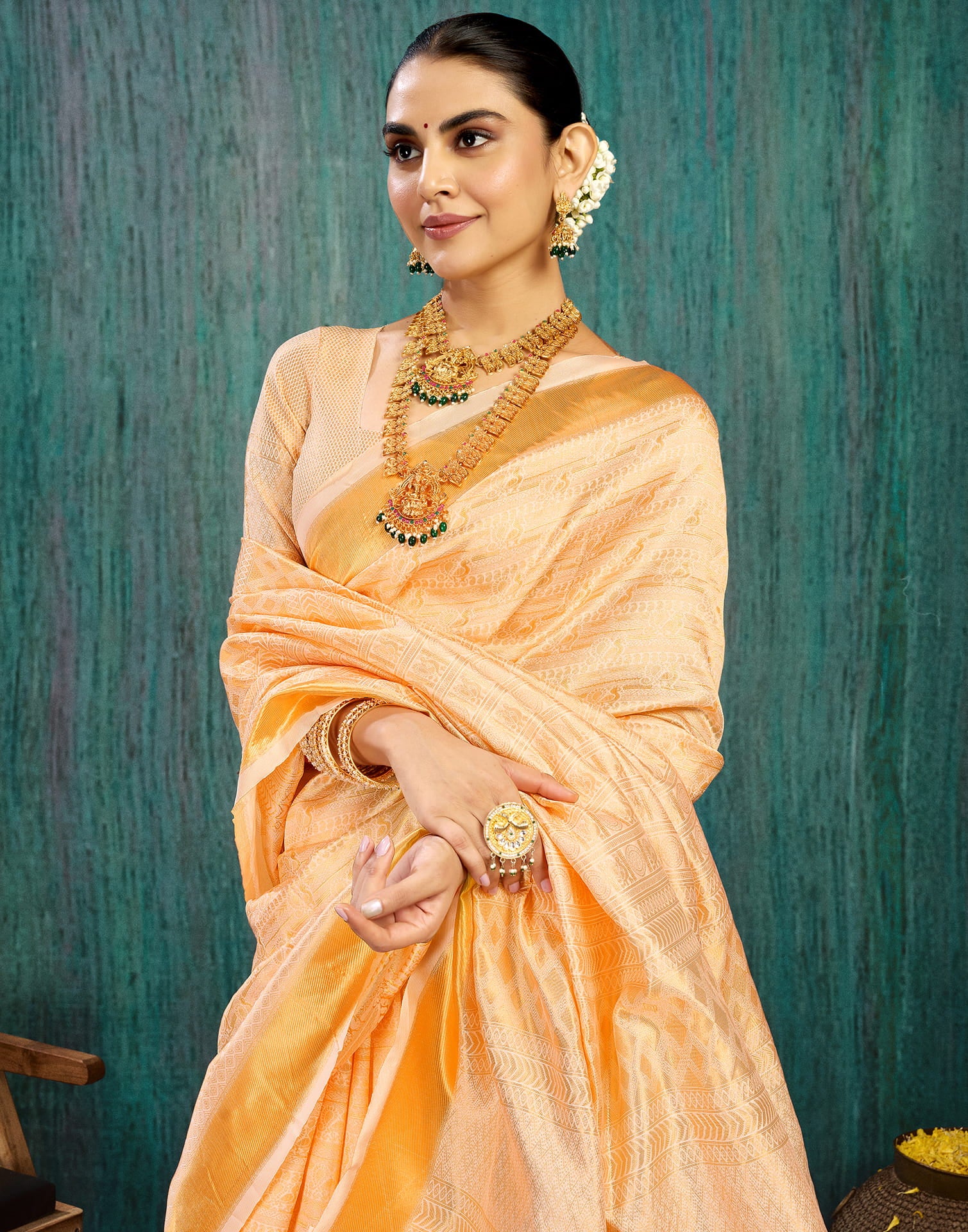 Beige Silk Blend Woven Saree